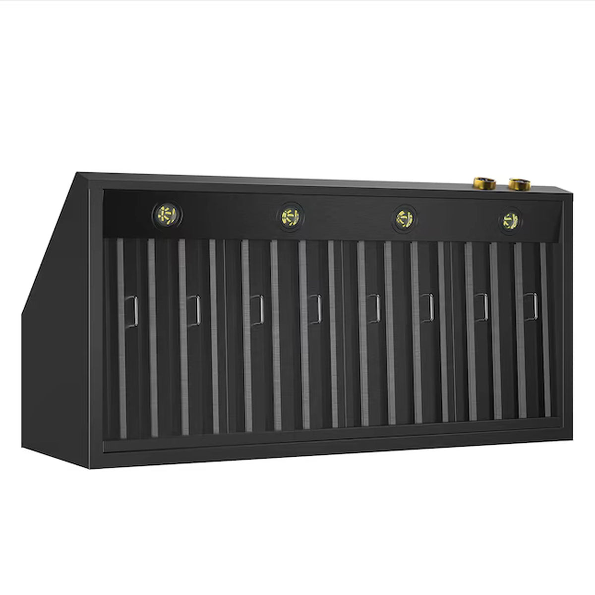 Dark wall range hood vent with vertical slats and gold-trimmed control details