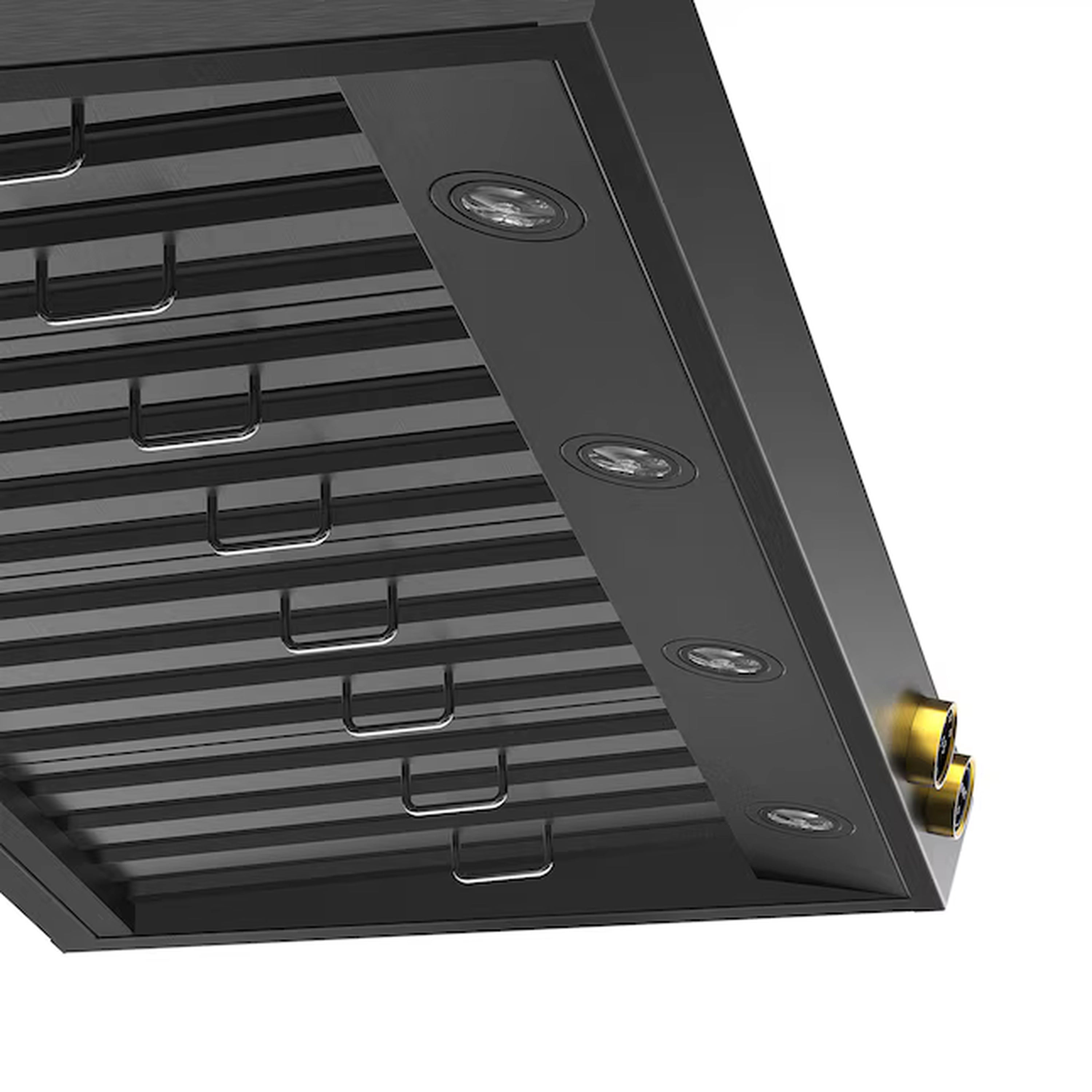 Range hood underside with metal baffle filters and three built-in round lights