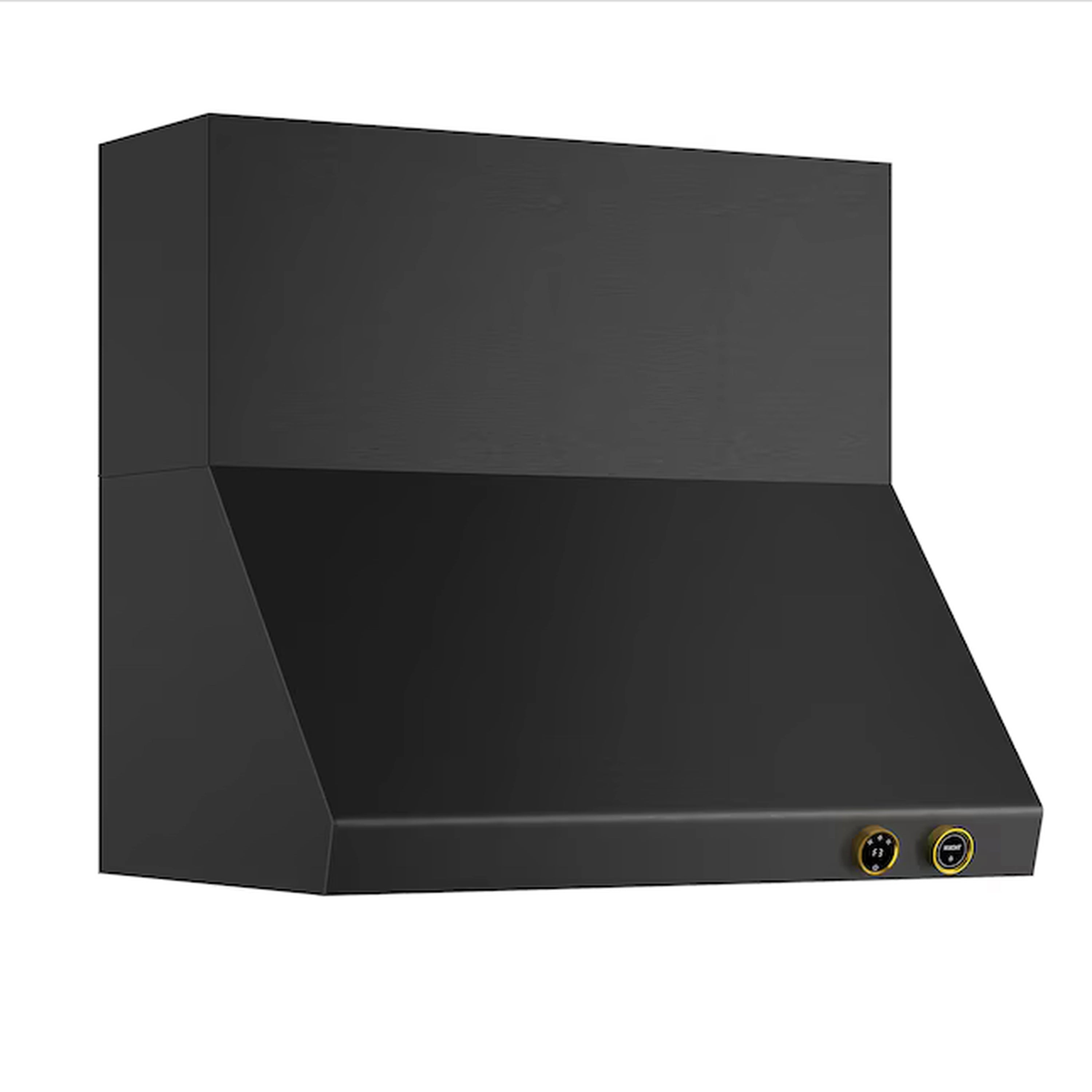 Dark titanium ducted wall mount hood with two gold-accented control dials