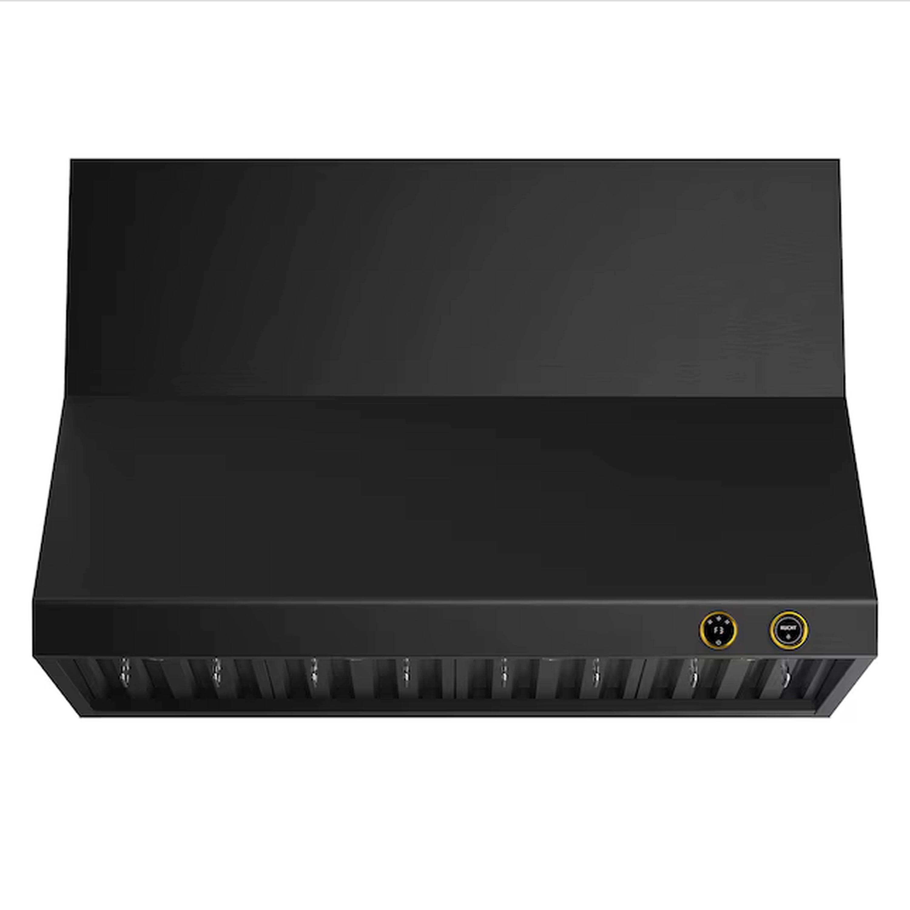 Dark titanium stainless steel ducted wall range hood with gold-trimmed control buttons