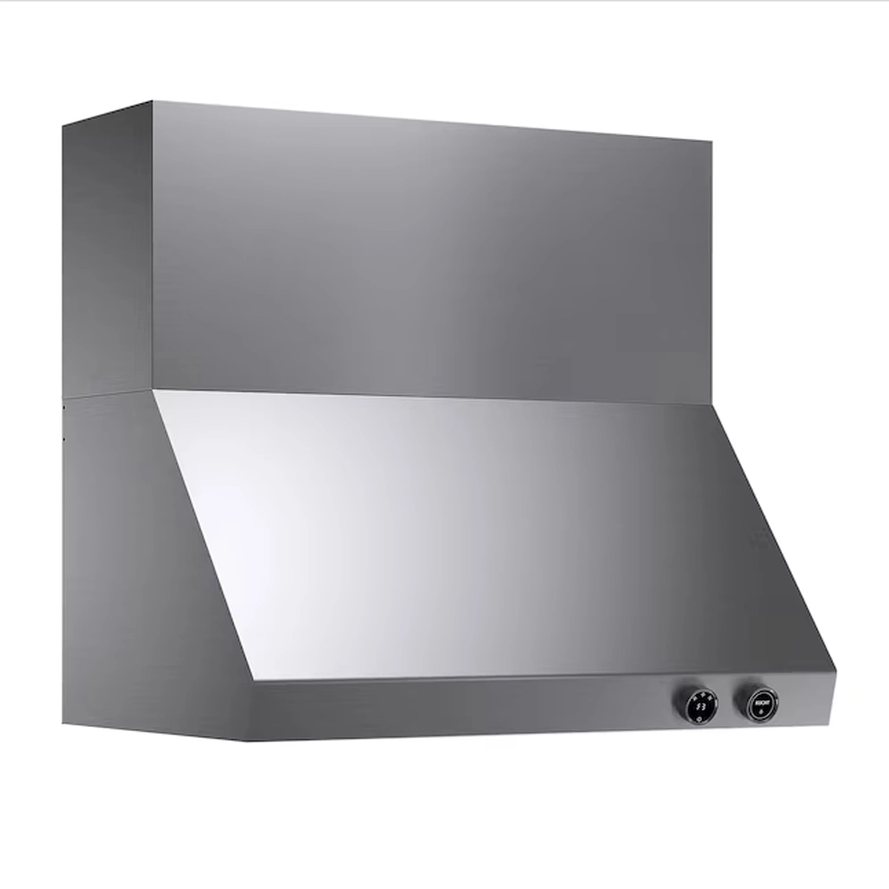 Stainless steel ducted wall mount range hood, angled front with round control panel