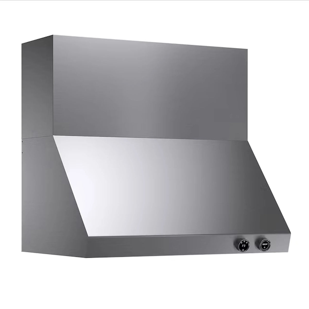 Stainless steel wall mount range hood with curved canopy and round control buttons