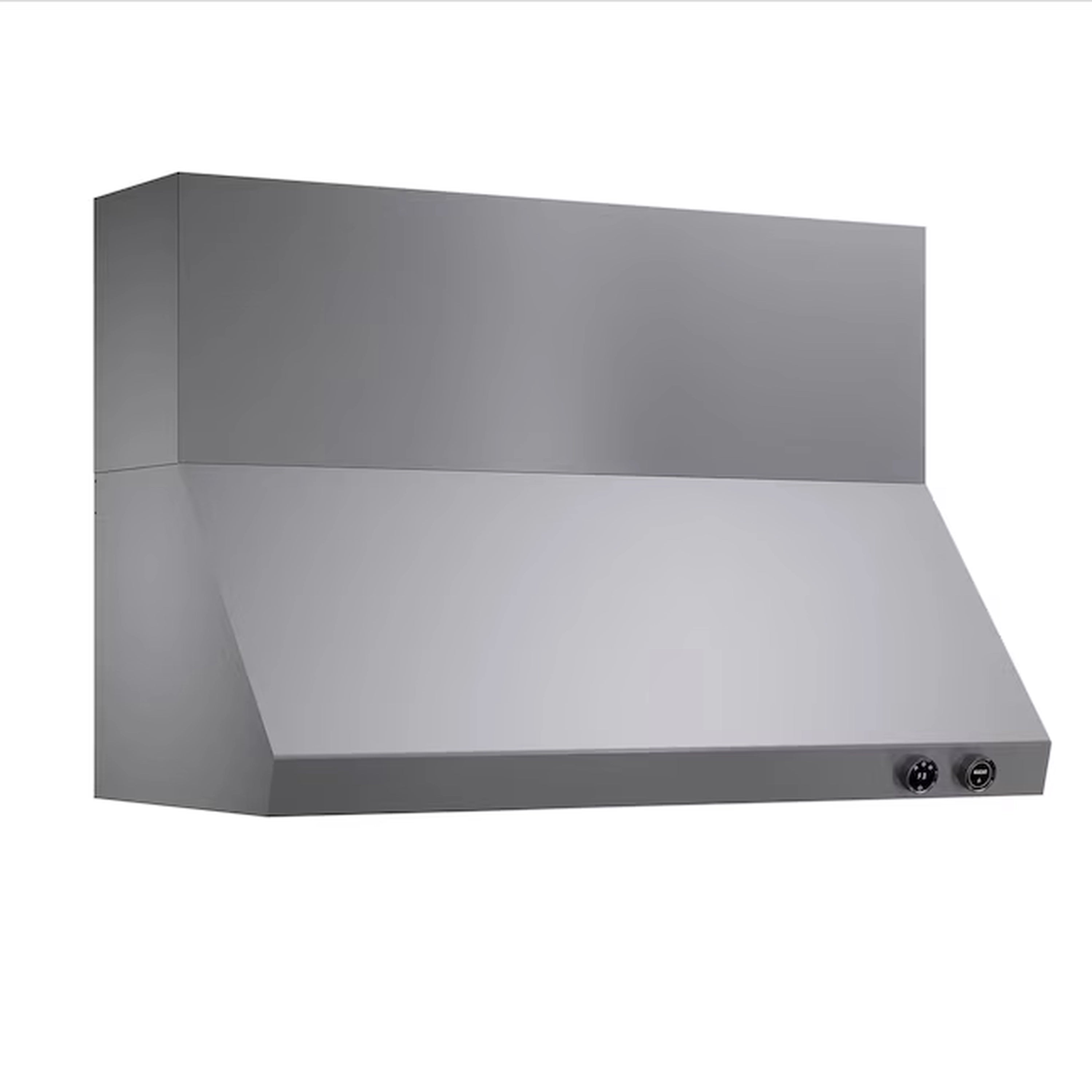 Stainless steel ducted wall mount range hood with angled chimney and front control panel