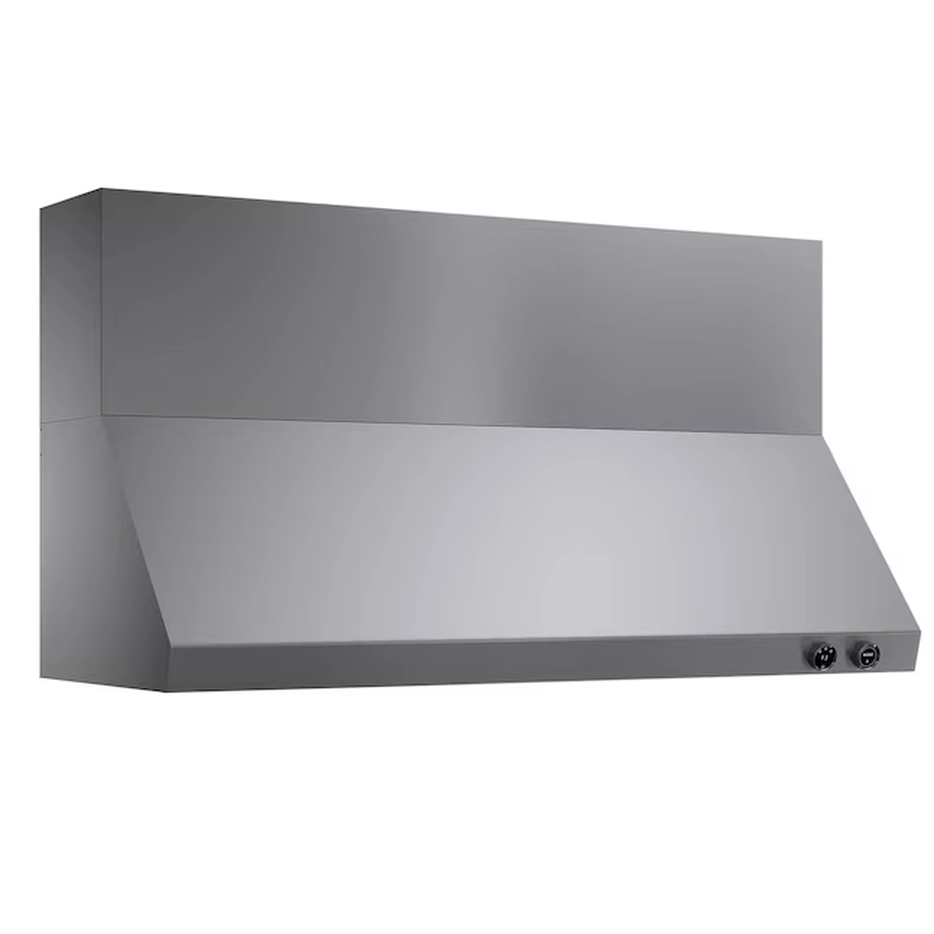 Stainless steel ducted wall mount range hood canopy with smooth chimney housing.