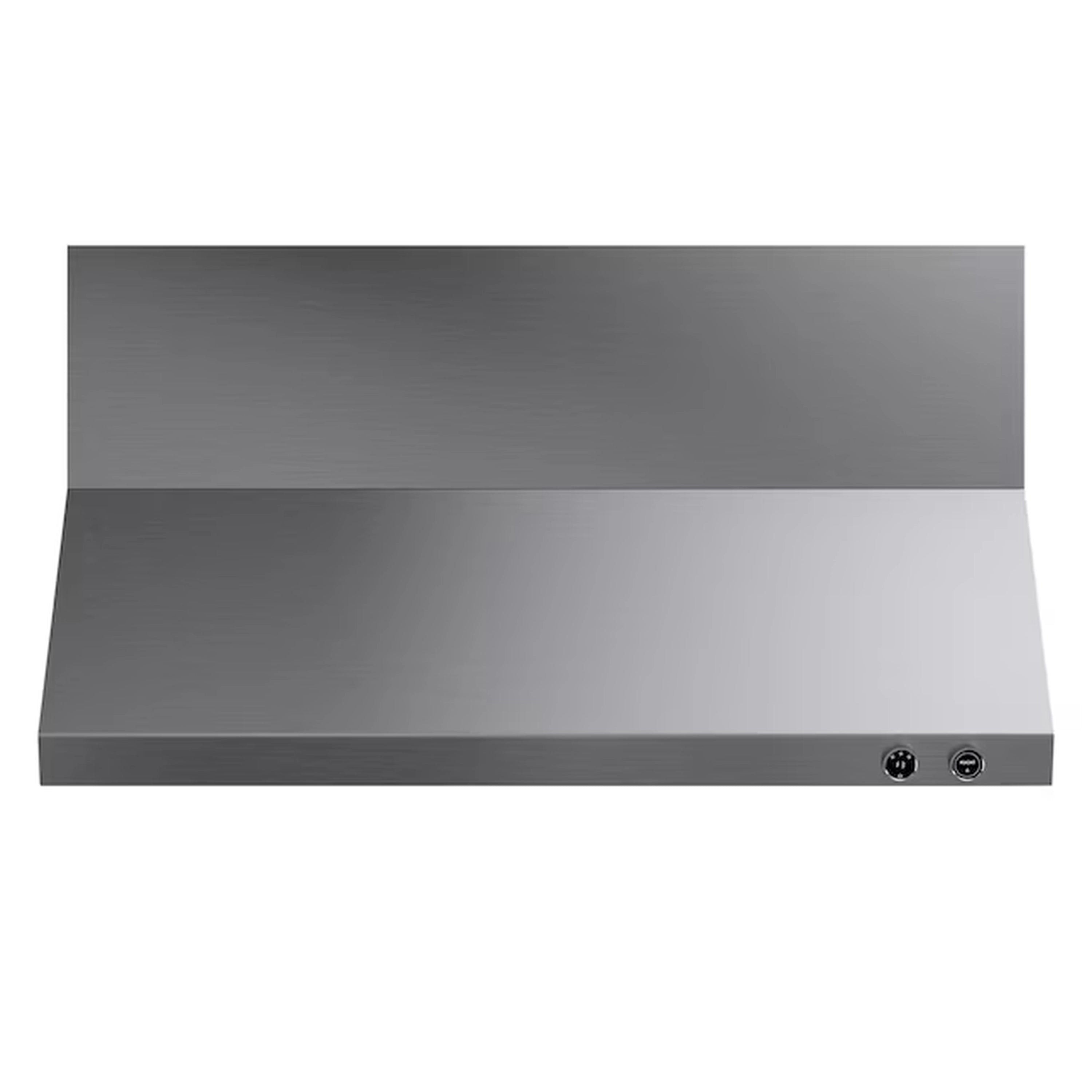Stainless steel ducted wall mount range hood side panel with two small control icons.