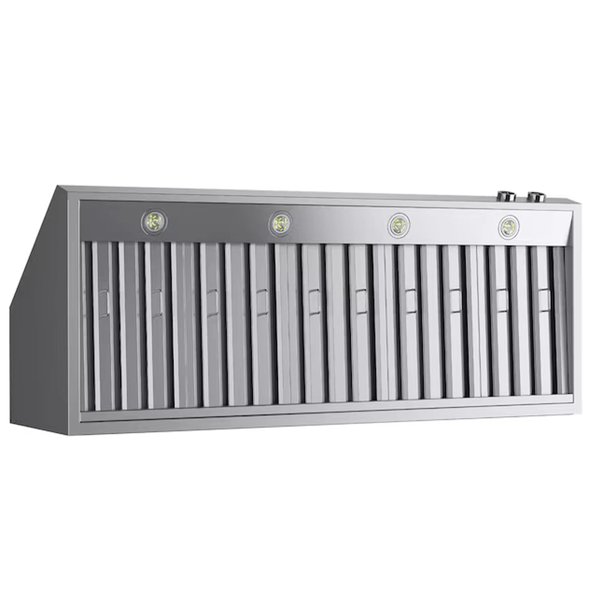 Stainless steel ducted wall mount range hood with angled front and vertical vent filter slats.