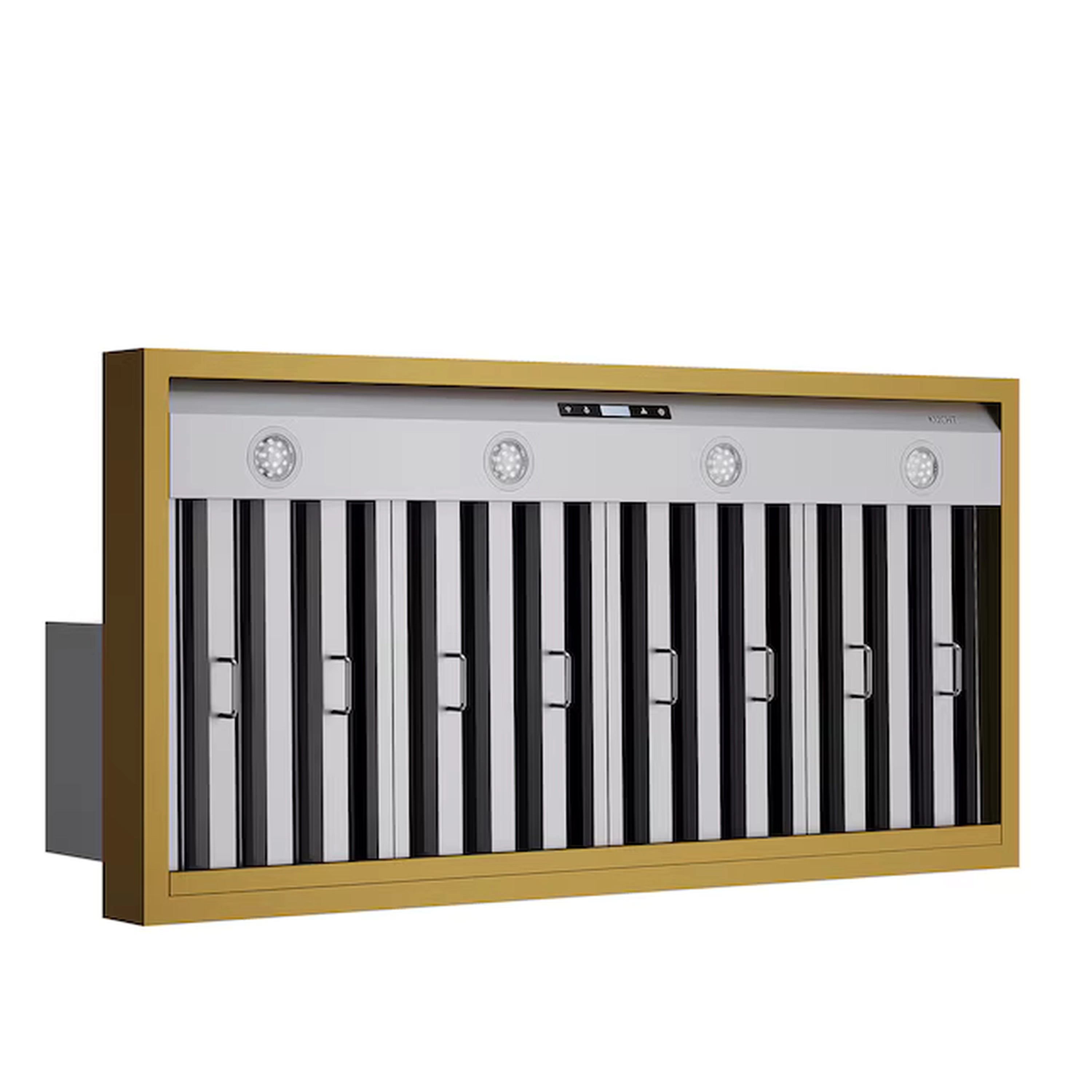 Ducted wall range hood front with gold border, black baffle channels, and control bar