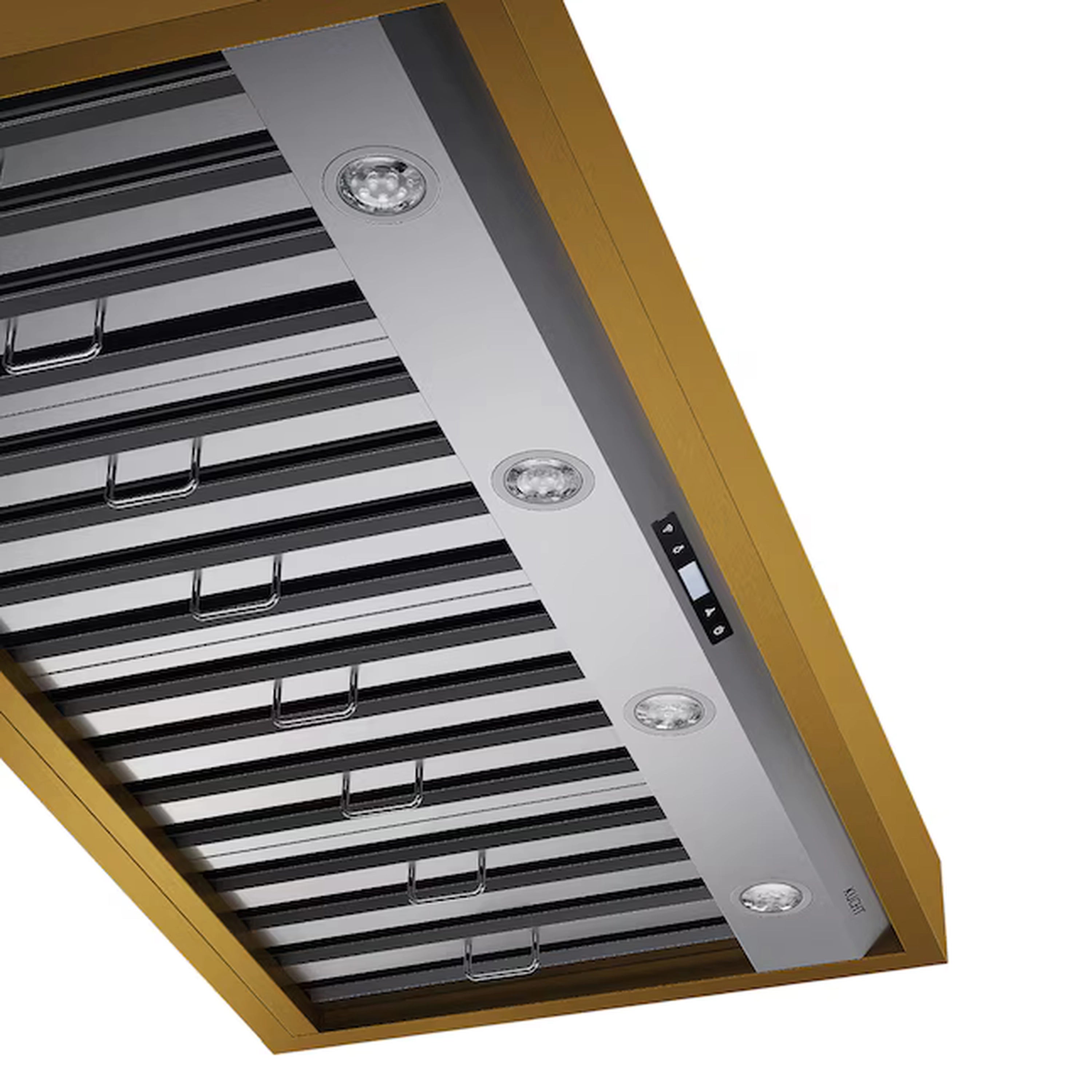 Range hood baffle filter panel with round LED lights and stainless face, gold edge