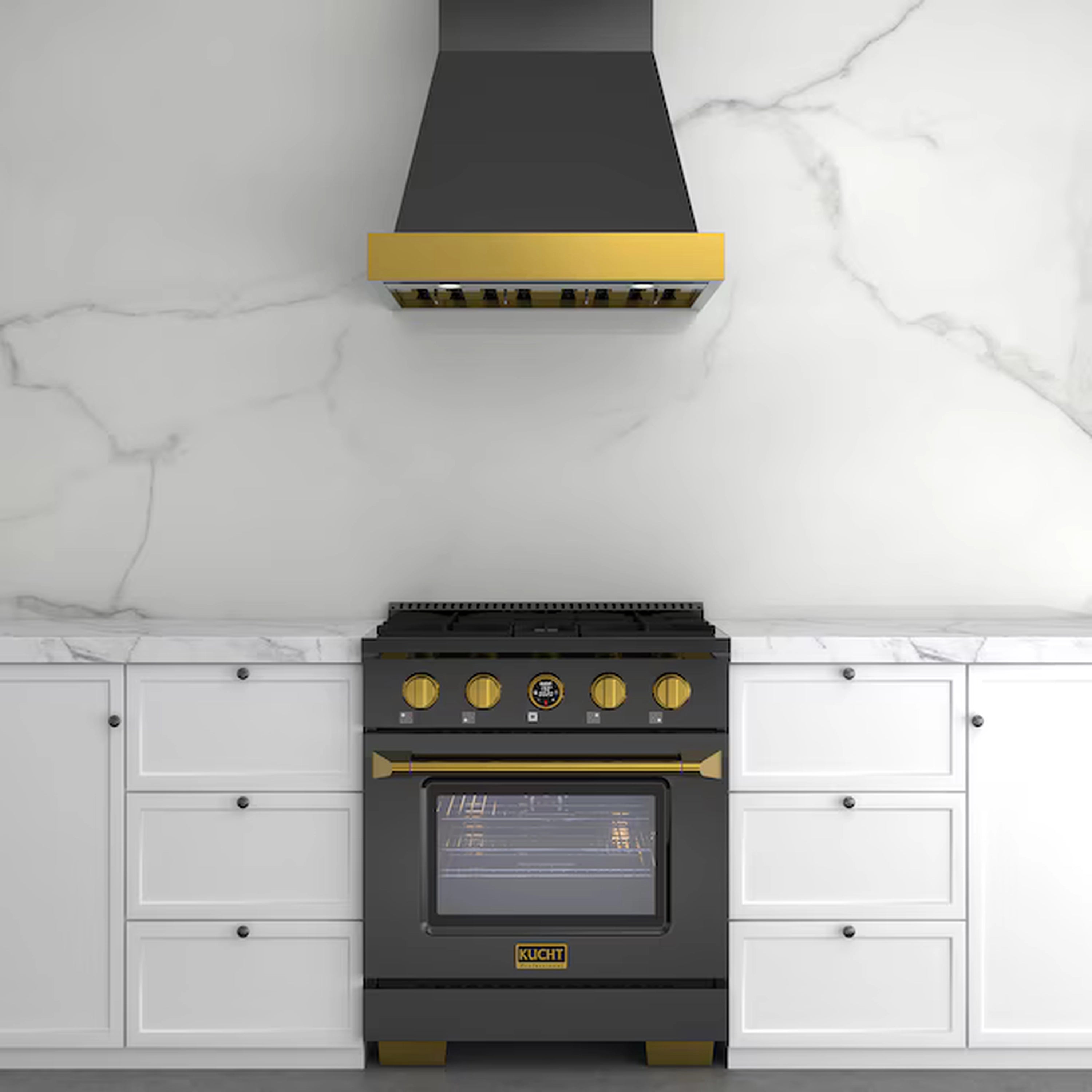 Dark stainless ducted range hood with gold control panel and under-hood lighting