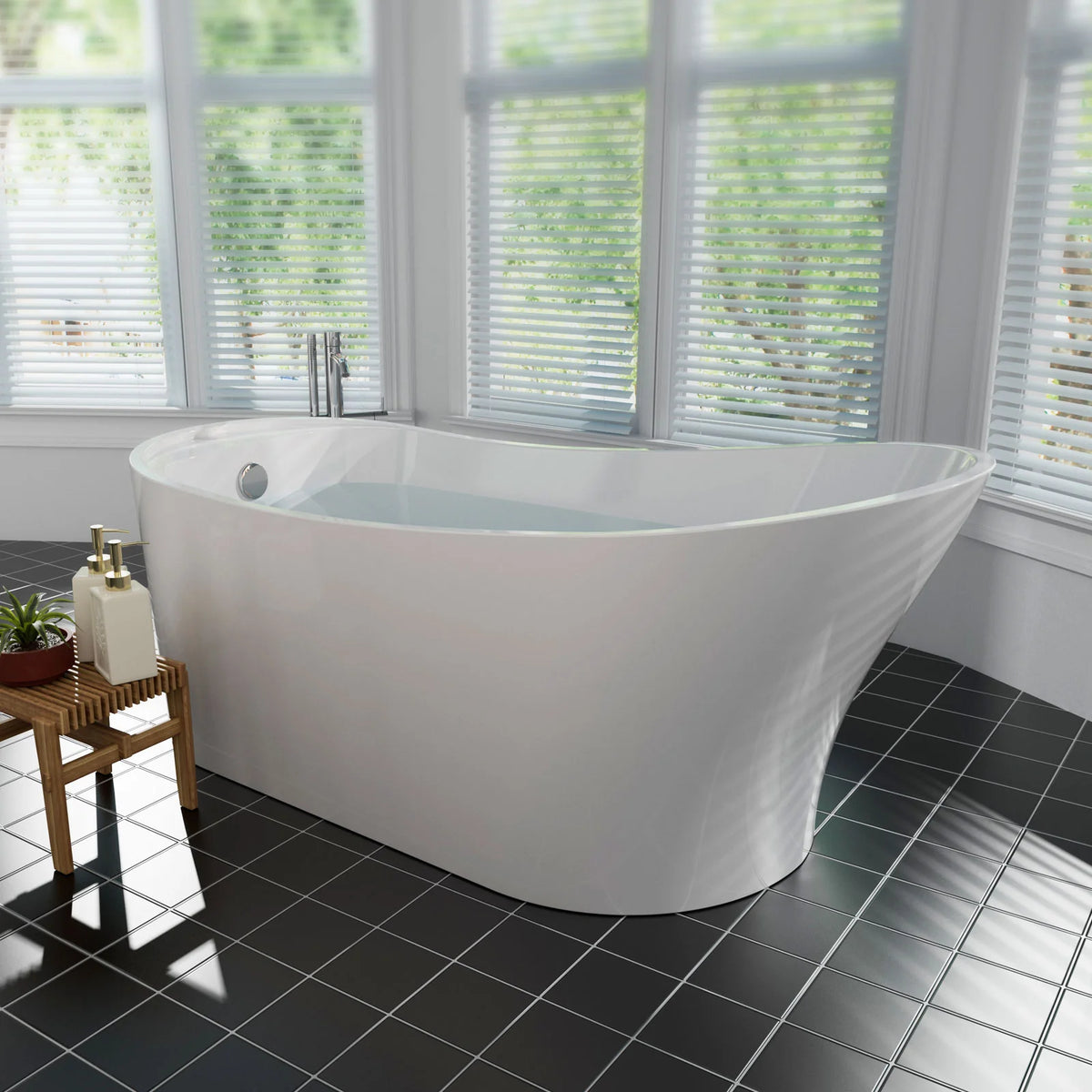 White freestanding soaking tub with integrated overflow and glossy finish.