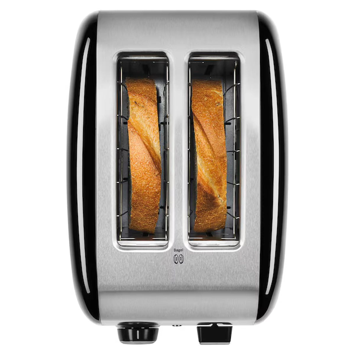 2-slice toaster showing two toasting slots with golden bread inside, Onyx black exterior