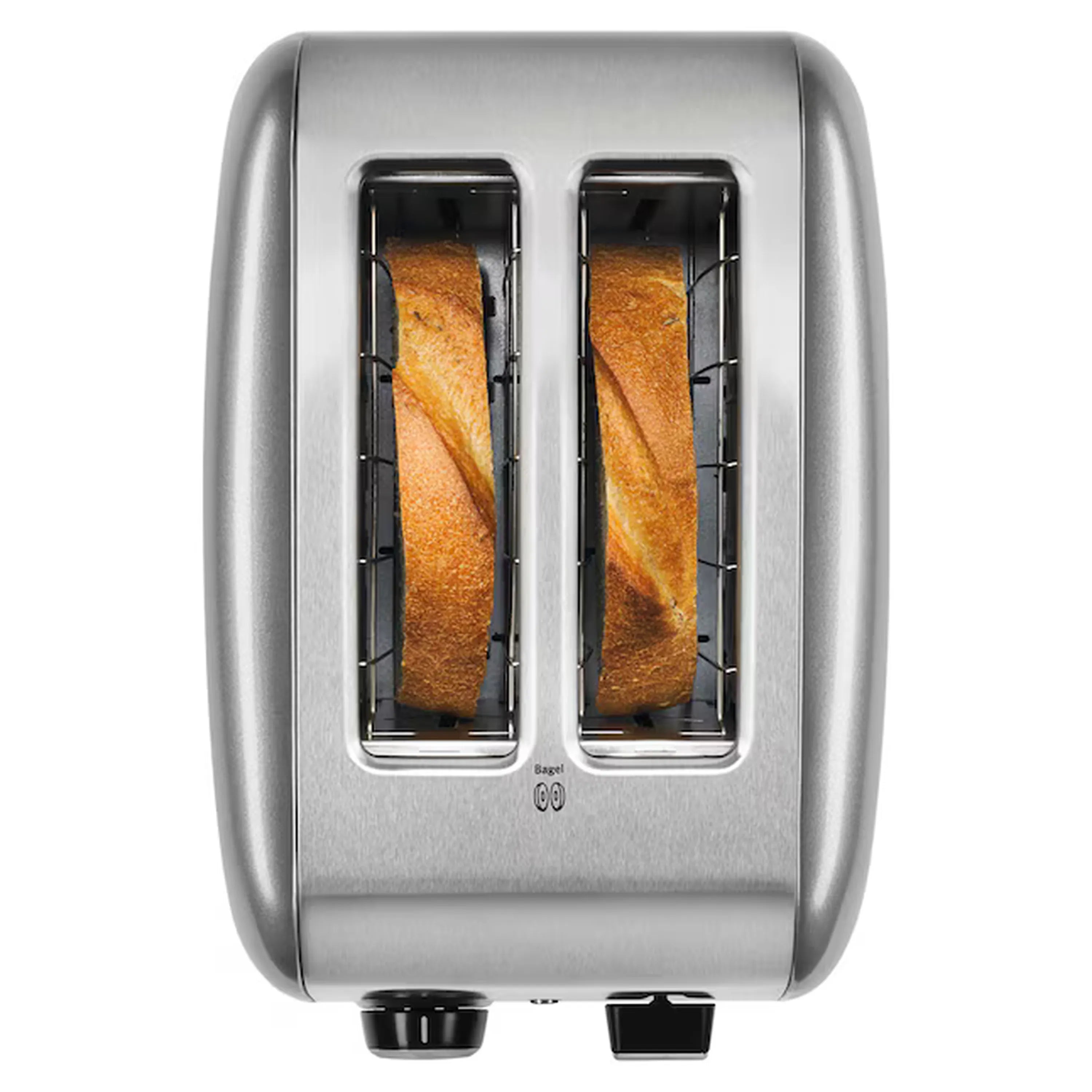 2-slice silver toaster with two toasting slots showing bread in progress