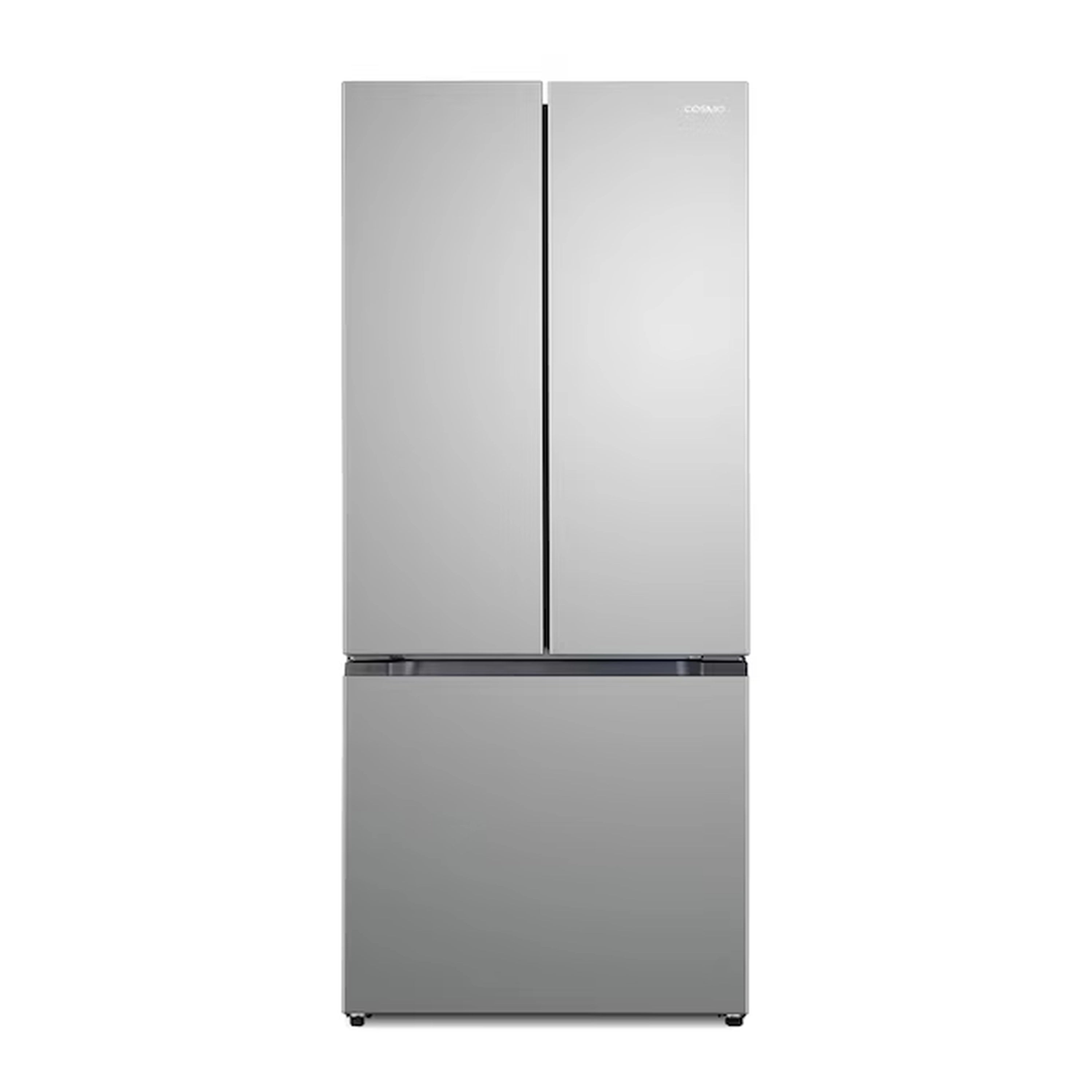 Stainless steel counter-depth French door refrigerator with two-door top and lower freezer drawer