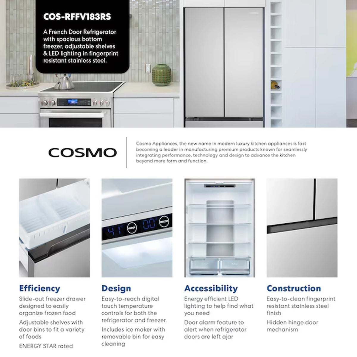 Stainless steel French door refrigerator with open right door and accessible interior shelves
