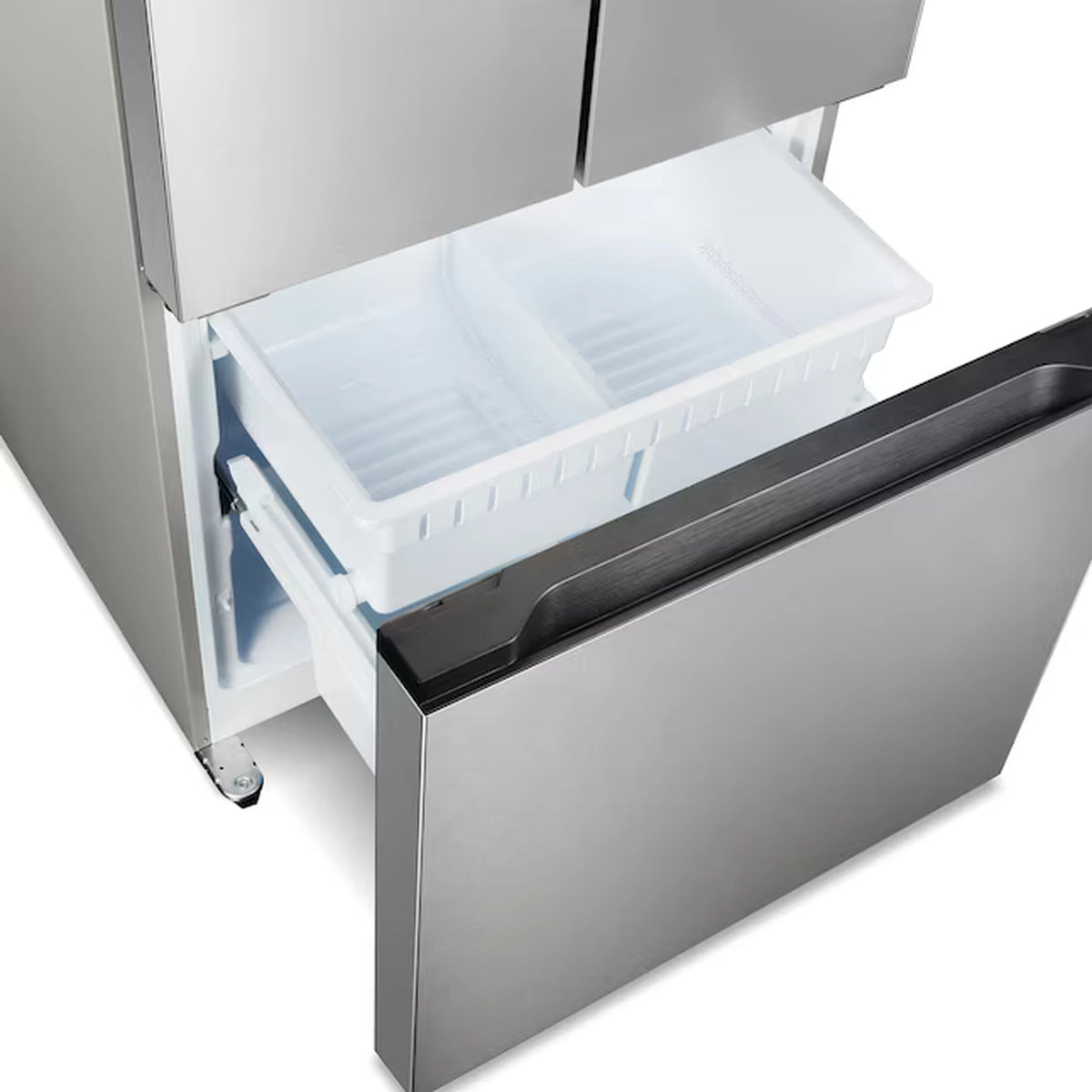 Bottom freezer drawer pulled out with blue-white plastic bin and slide rails