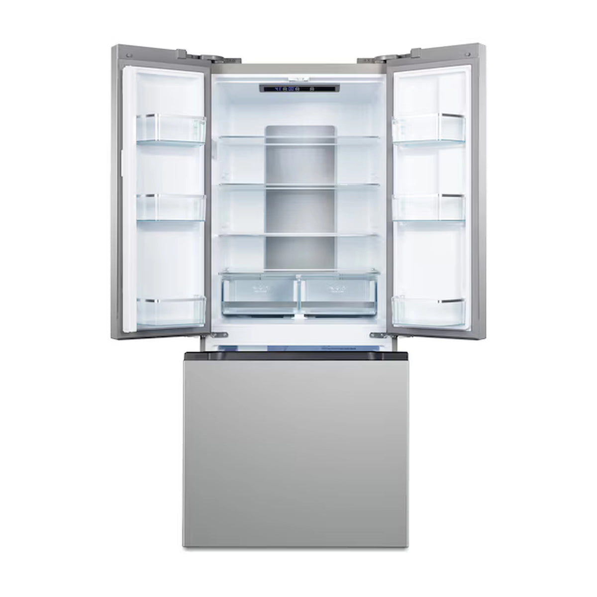 French door refrigerator with doors open showing adjustable shelves and a lower freezer