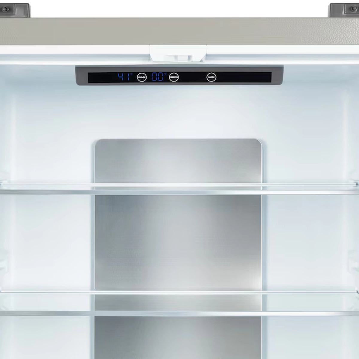 Counter-depth French door refrigerator interior with digital control panel and adjustable shelves