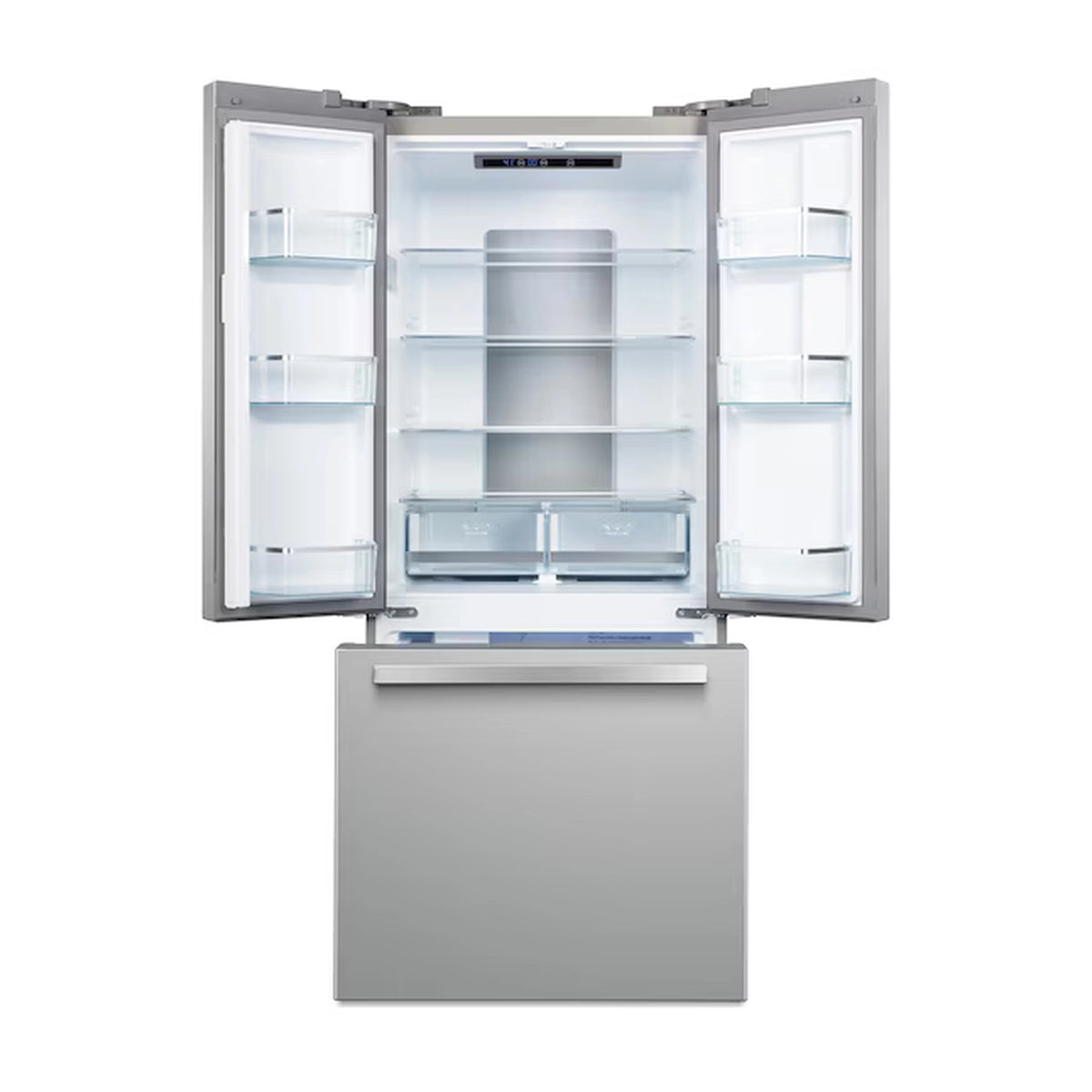 Stainless steel refrigerator with open French doors showing interior shelves and bins