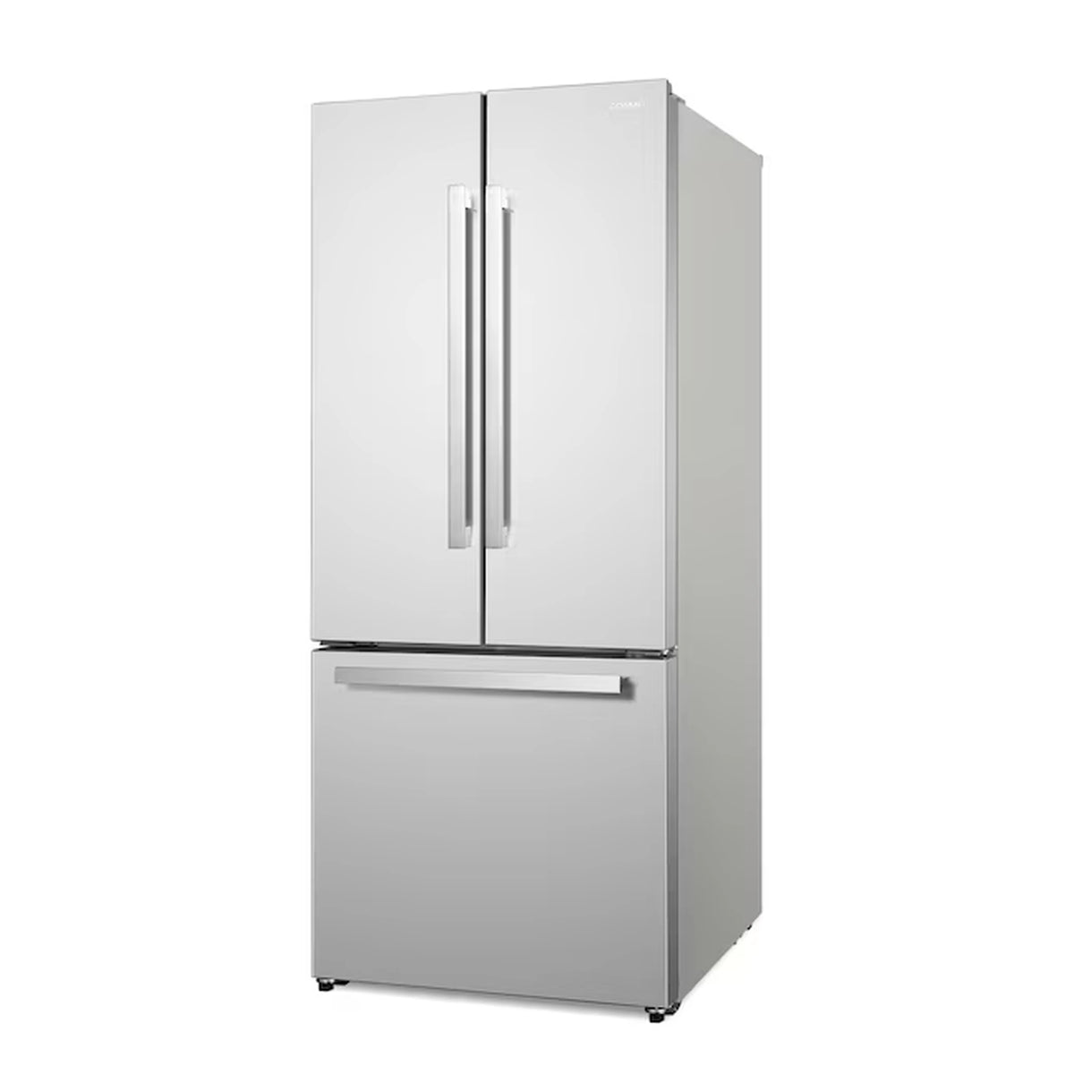 Stainless steel French door refrigerator with vertical handles and bottom freezer compartment