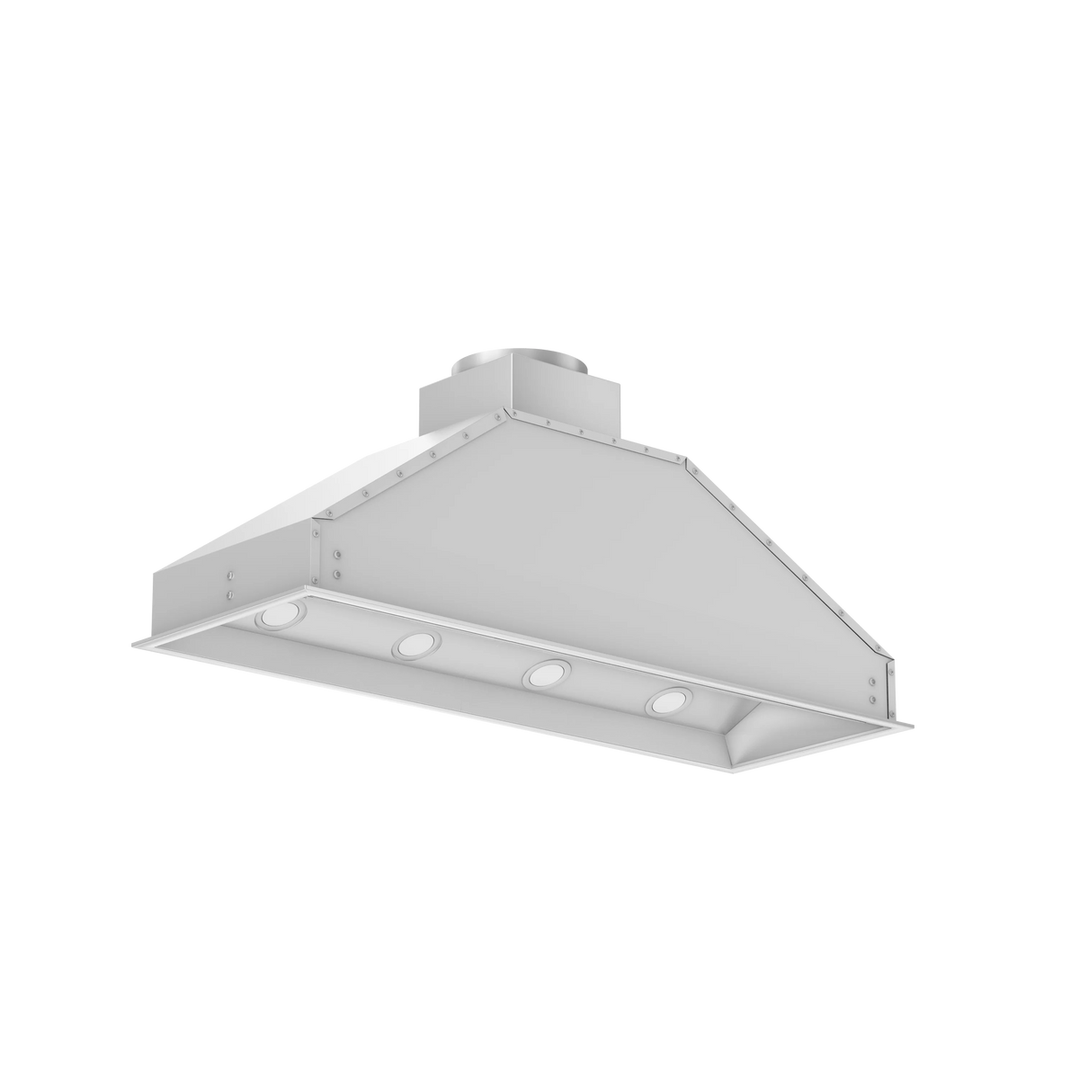 Stainless steel outdoor range hood insert, front panel with four round light cutouts