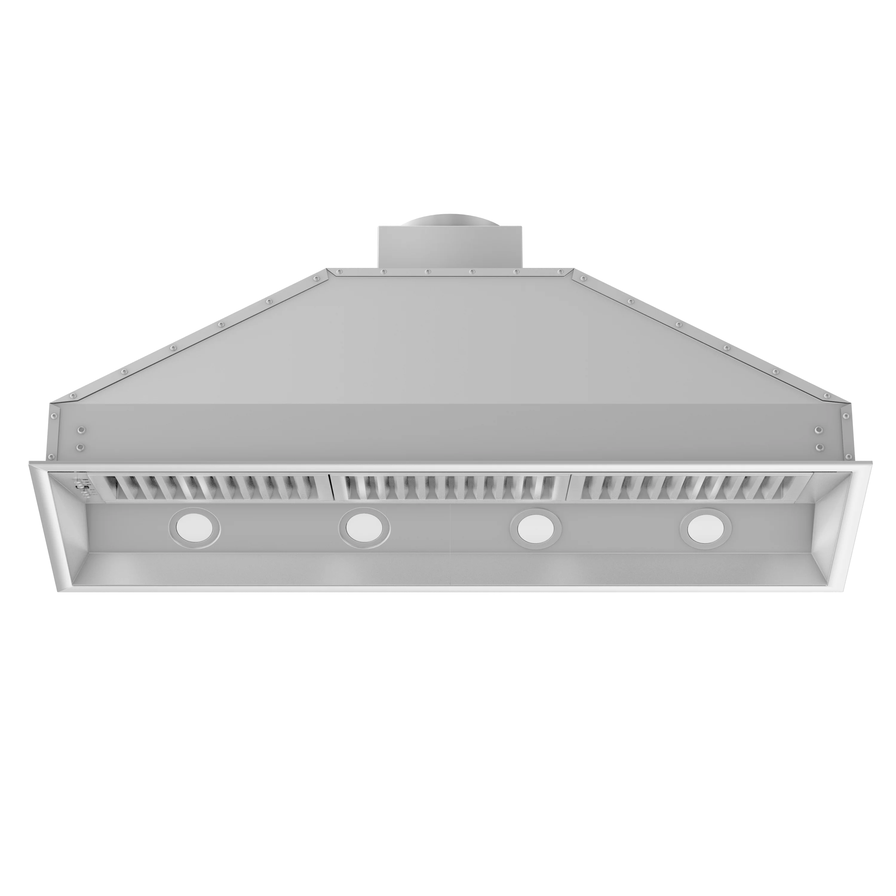 Stainless steel range hood insert underside with four round vent openings and flue