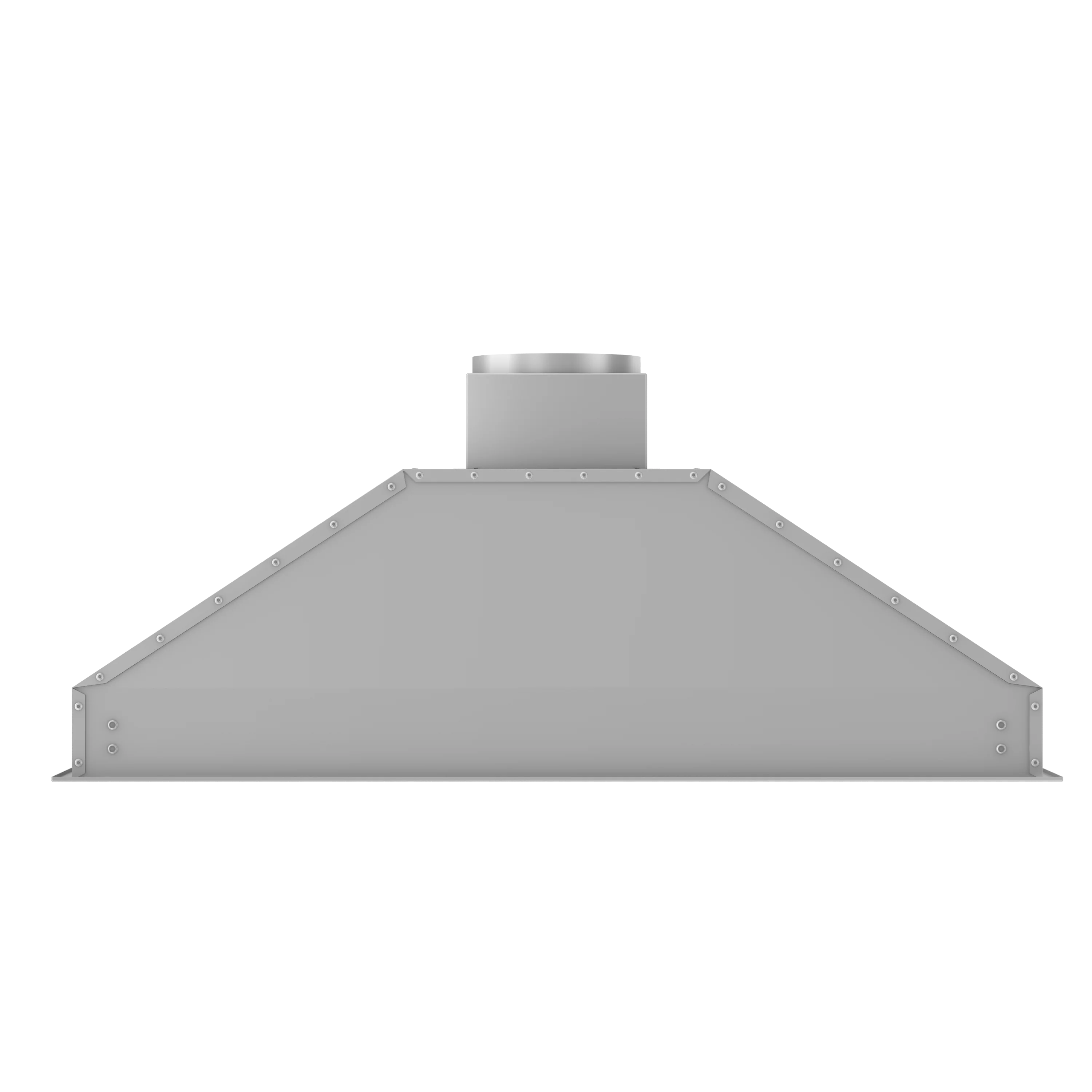 Stainless steel range hood insert with angled canopy and central flue collar