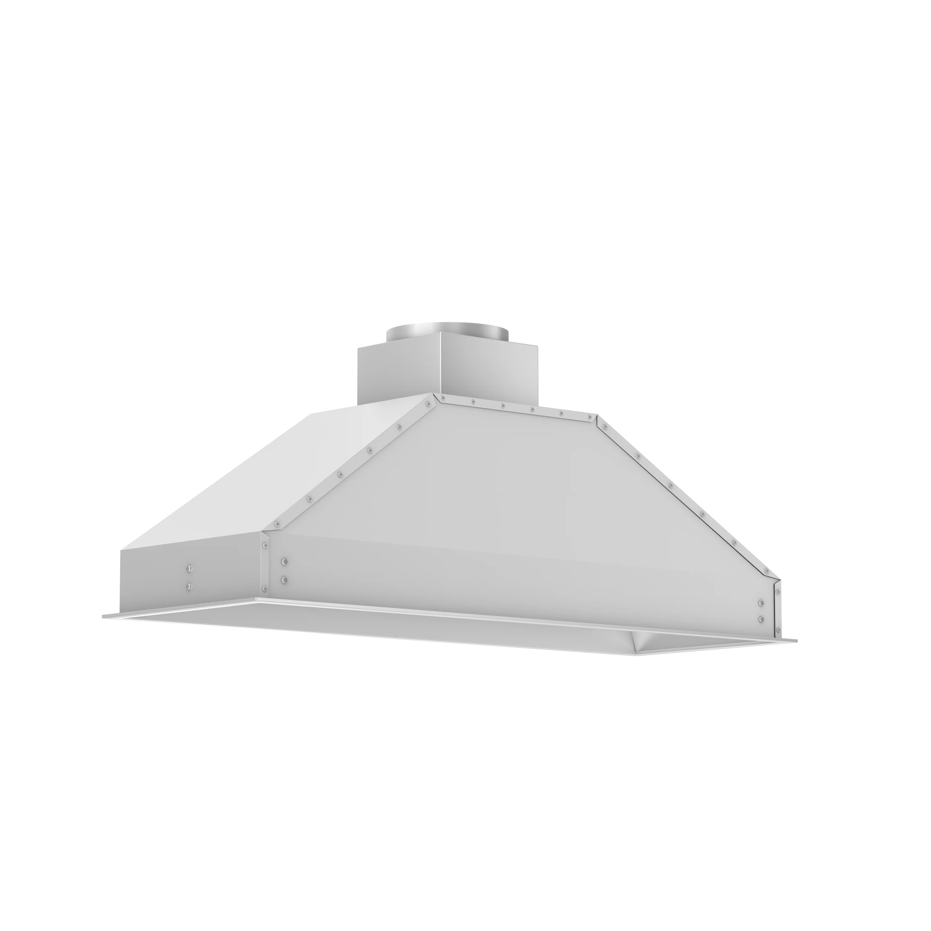 Stainless steel range hood insert with rectangular canopy and top flue outlet