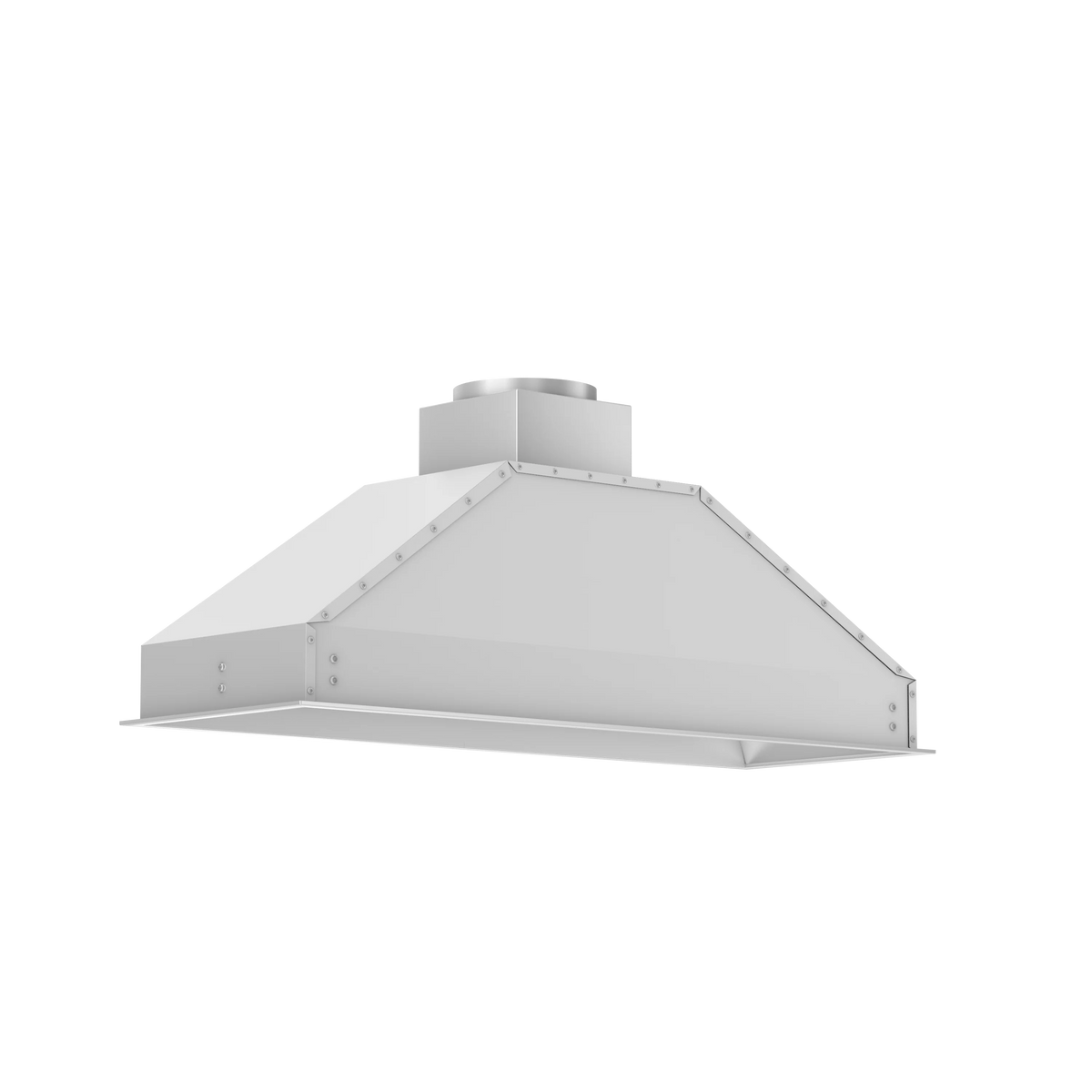 Stainless steel outdoor range hood insert, side view with boxed duct top
