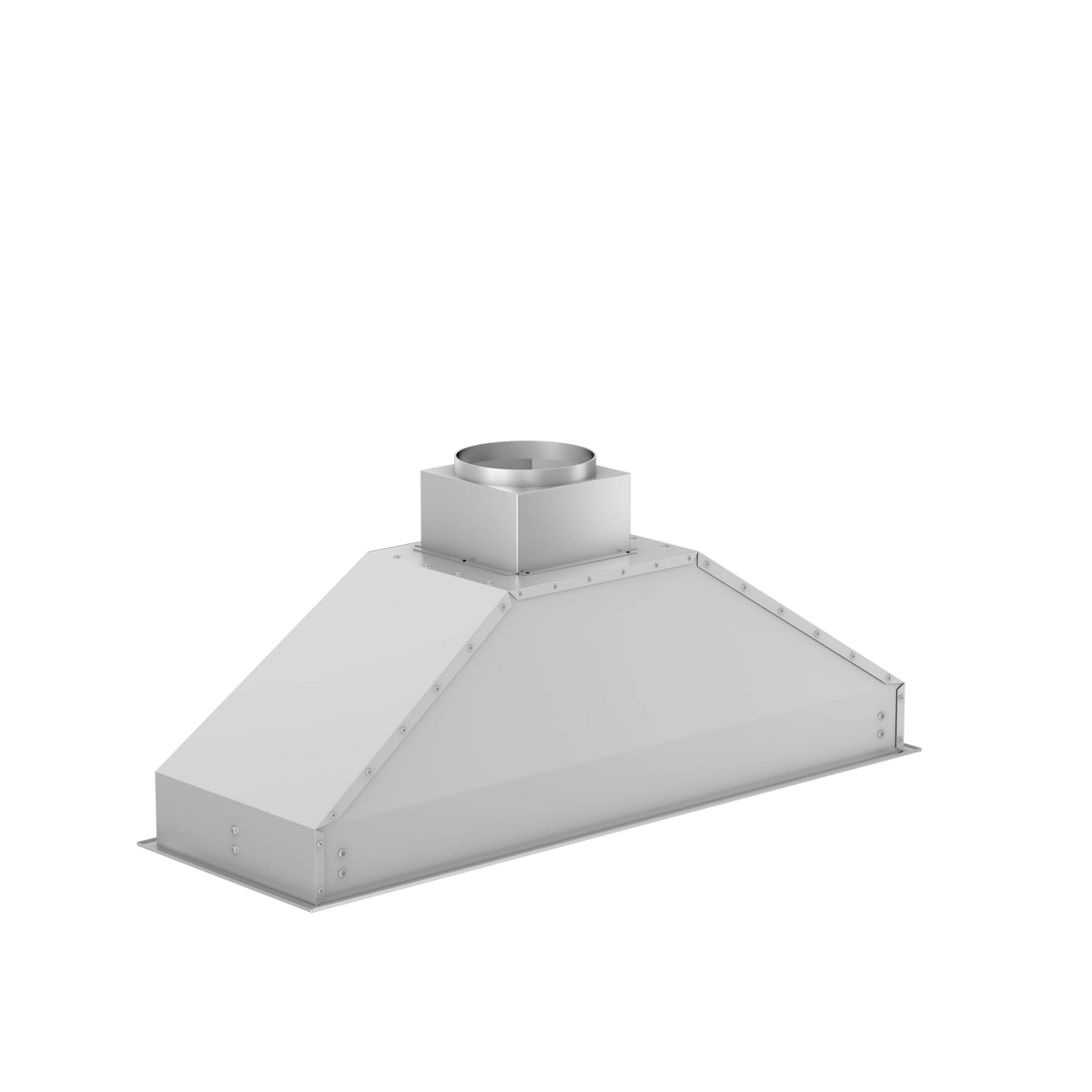 Stainless steel outdoor range hood insert, angled underside with duct collar