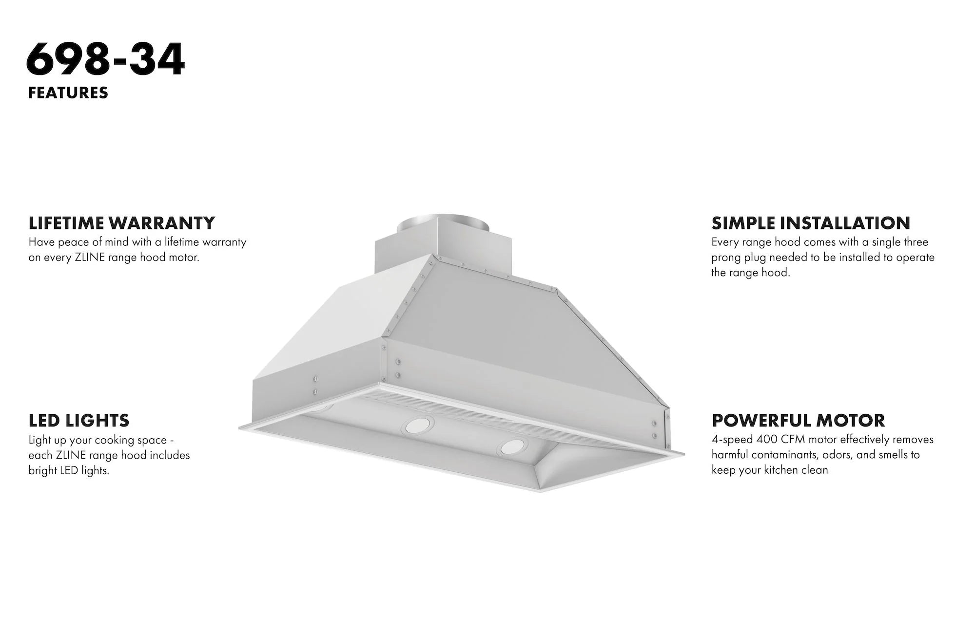 Range hood insert features infographic with vented chimney and LED light indicators.