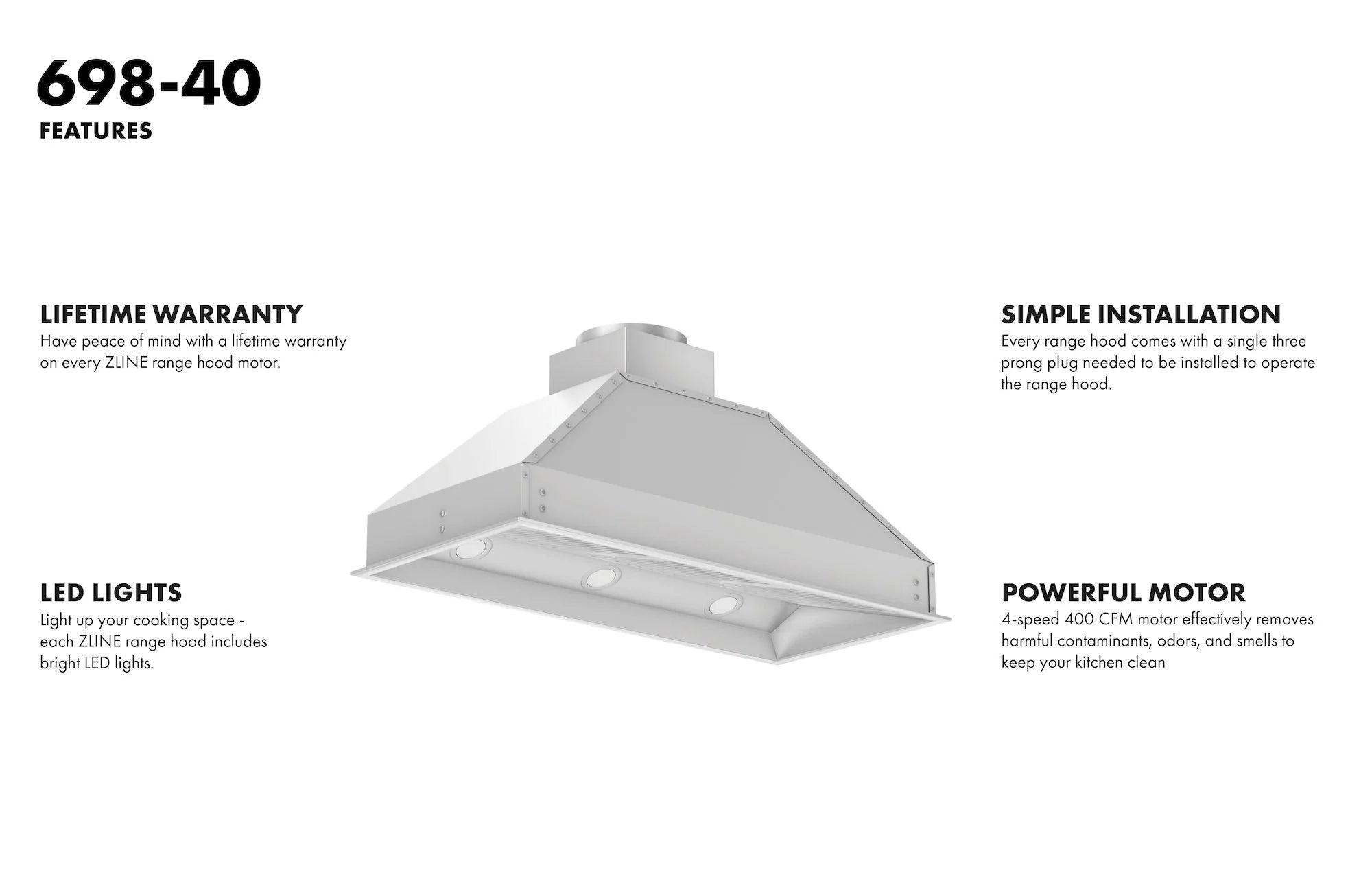 Stainless steel range hood insert with feature callouts on white background