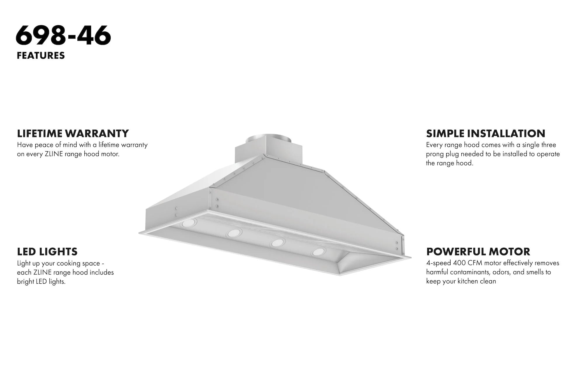 Stainless steel range hood insert with chimney, LED light strip, angled exterior view