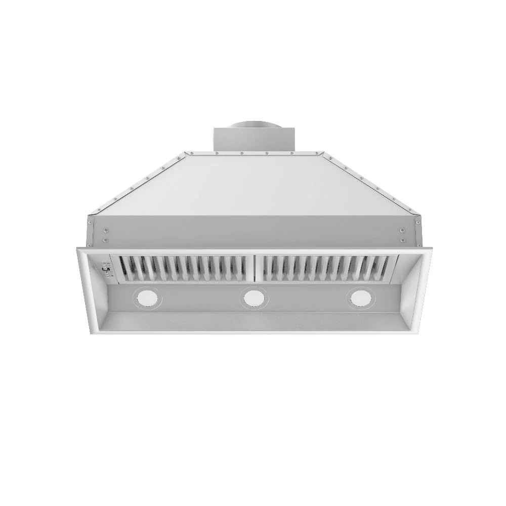 Stainless steel range hood insert front grille with three round light openings