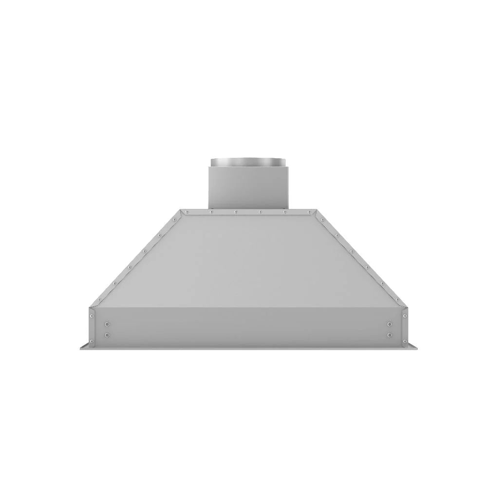 Stainless steel range hood insert with front-facing canopy and top duct collar