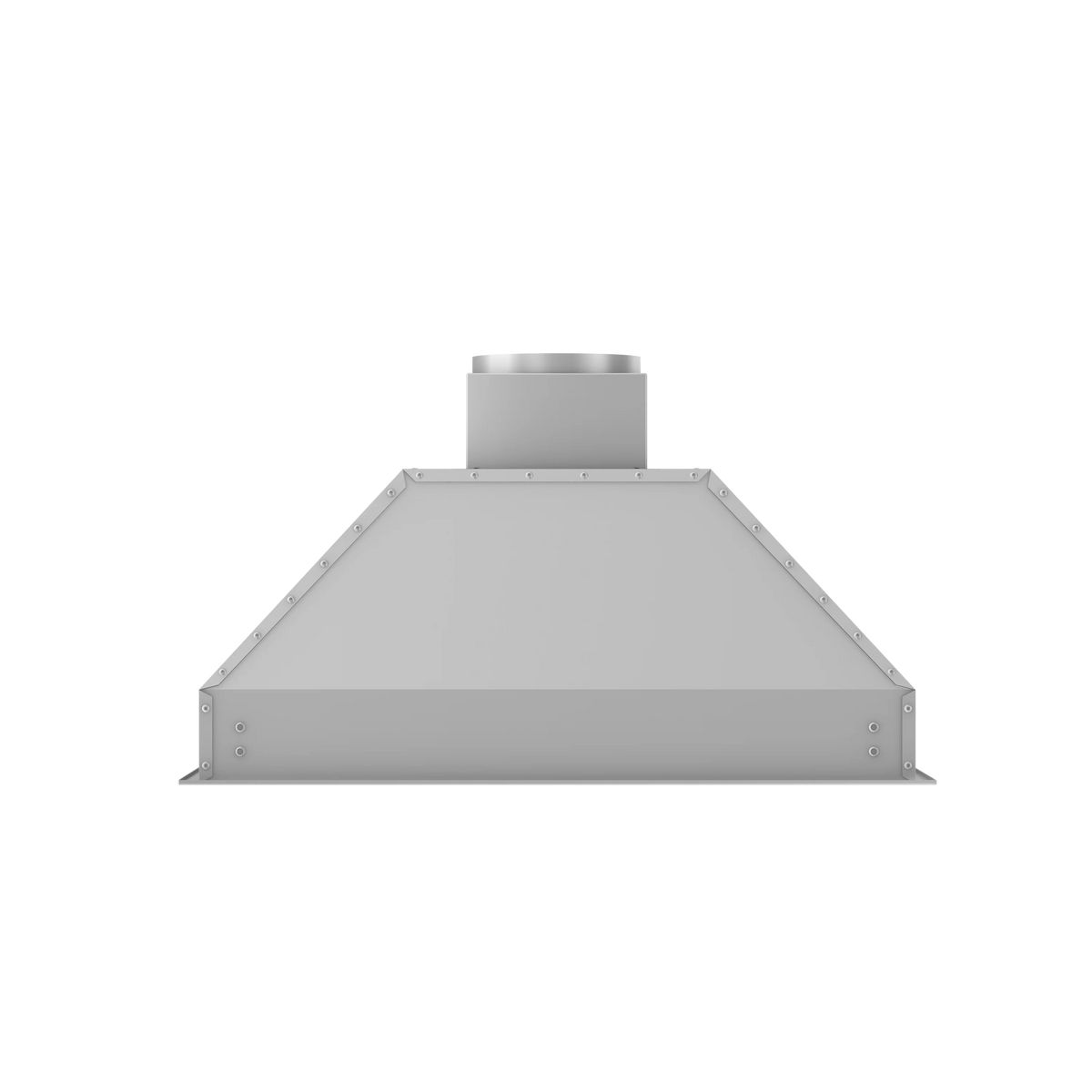 Stainless steel range hood insert front side view with flue collar and angled canopy