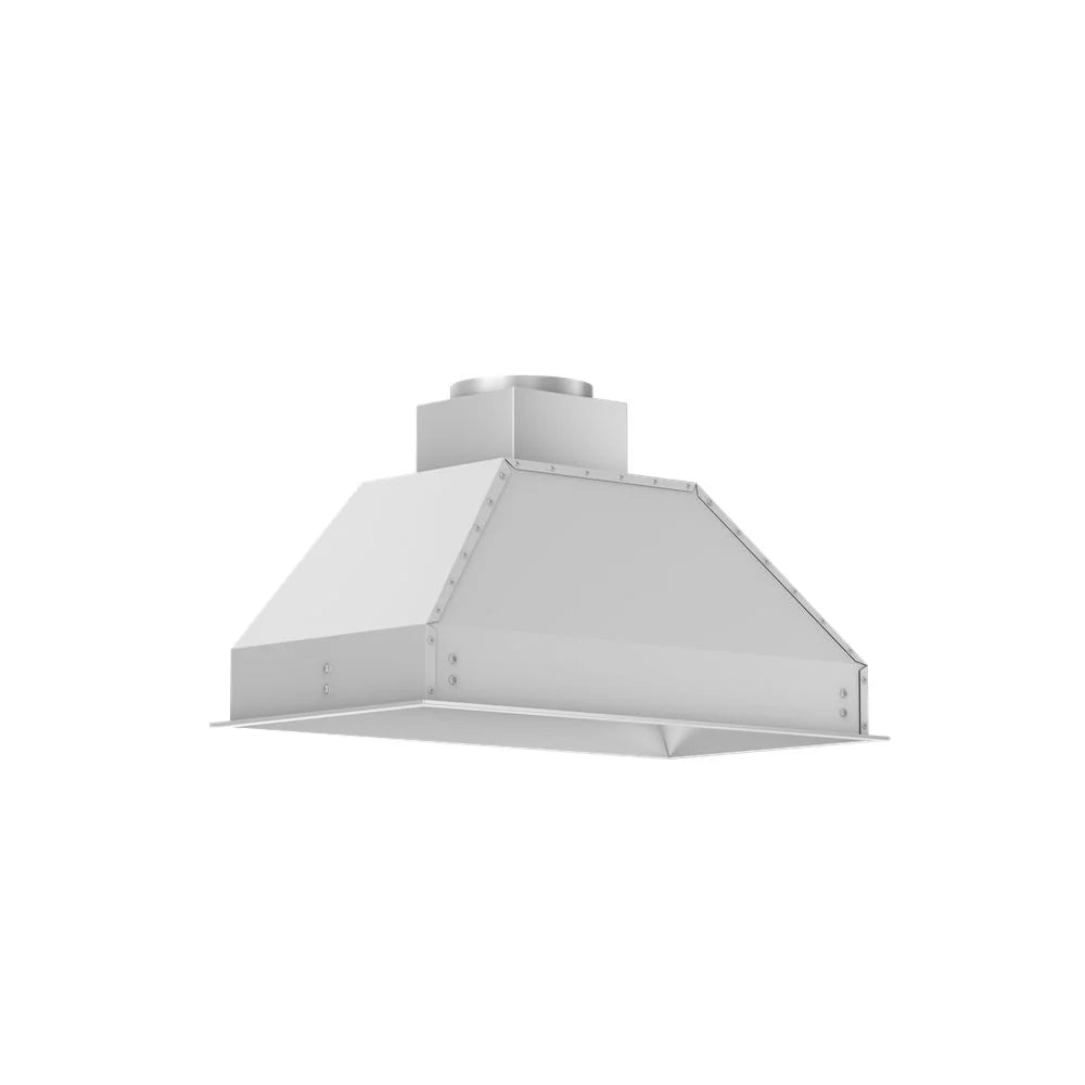 Stainless steel range hood insert angled canopy with duct collar on top.