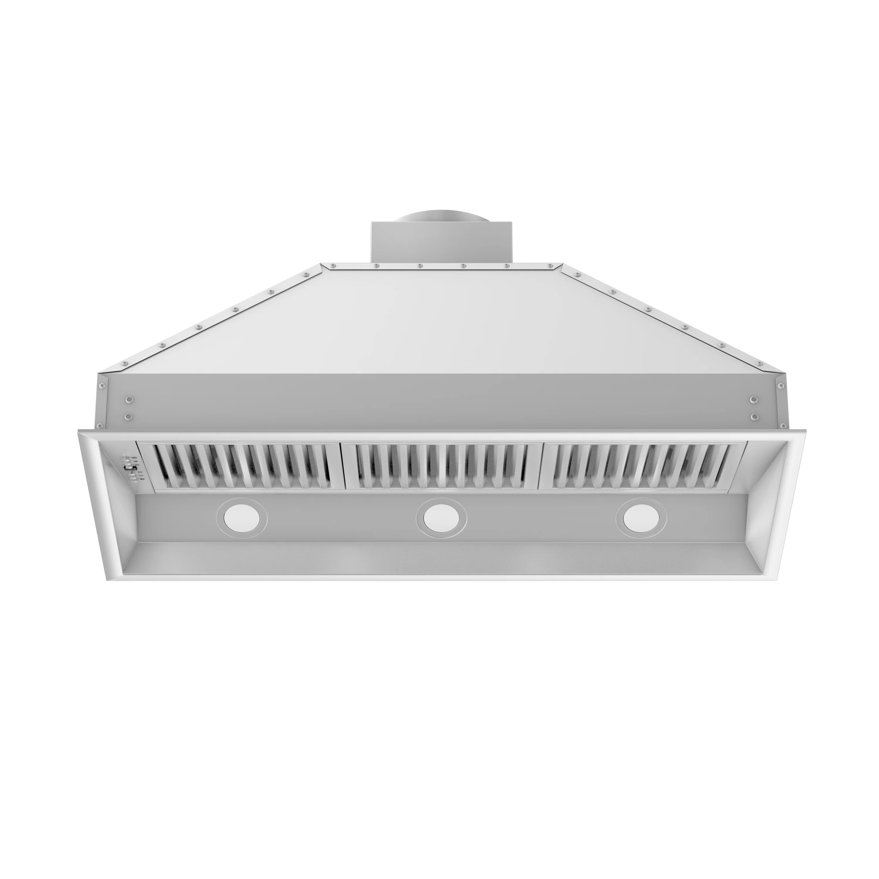Stainless steel range hood insert front grille with three circular light openings