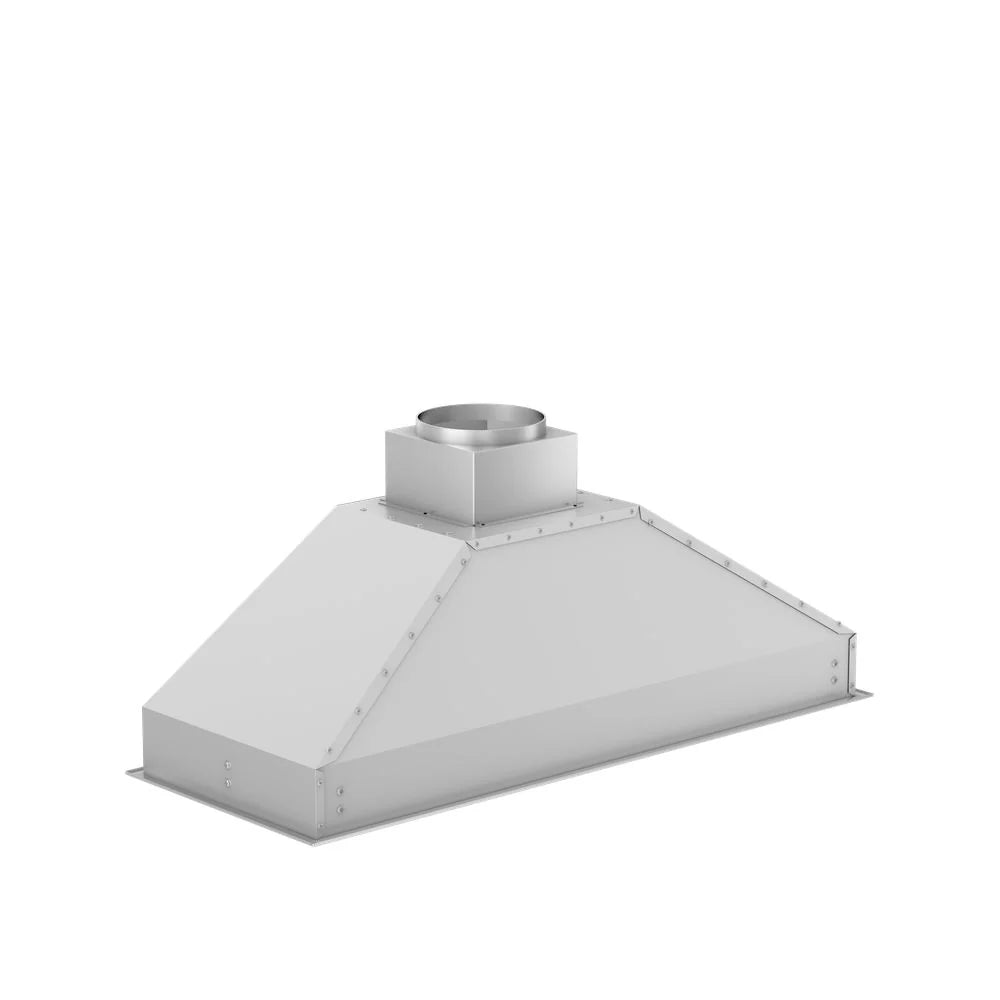 Stainless steel range hood insert with top duct collar and wide rectangular canopy