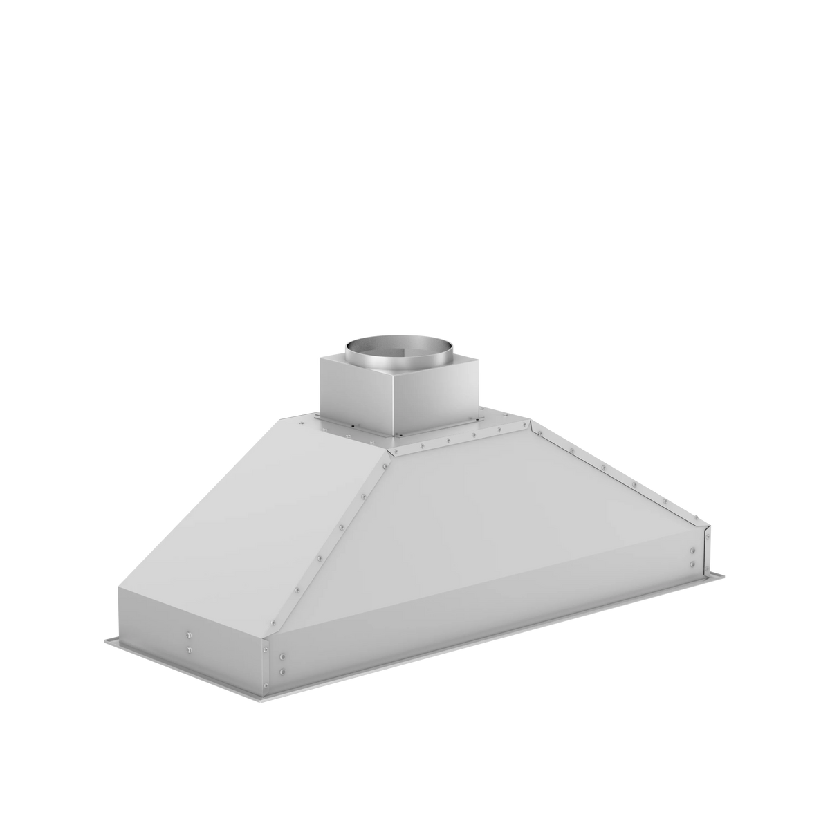 Stainless steel range hood insert with flue collar and flat canopy, three-quarter view