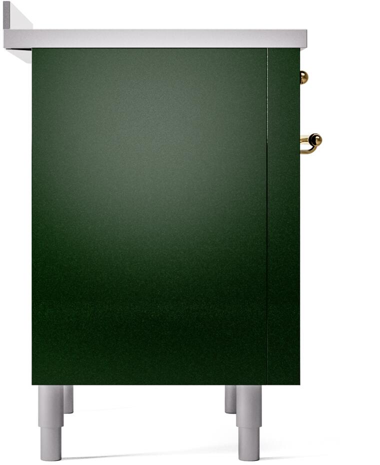 Emerald green side panel of freestanding induction range with brass hinges and feet