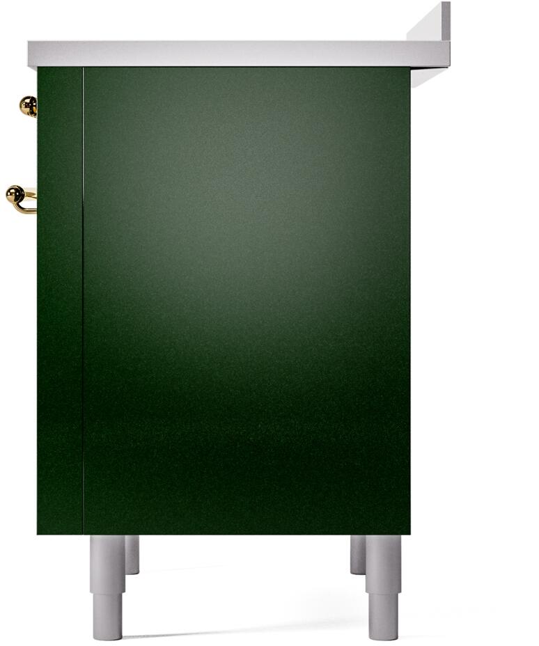 Emerald green side panel of freestanding induction range with brass hinge and feet