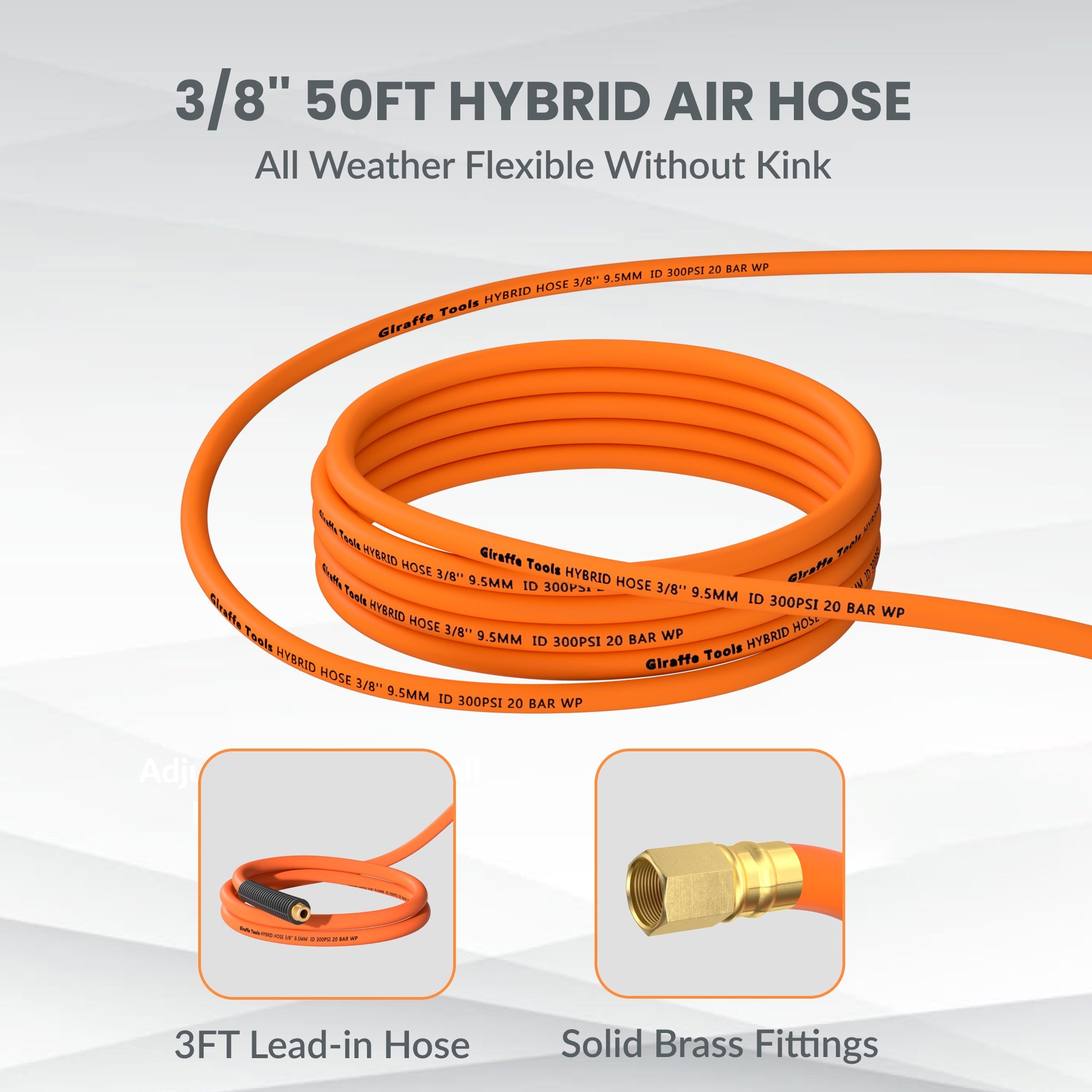 Orange 3/8 in hybrid air hose coil with brass fittings for retractable reel