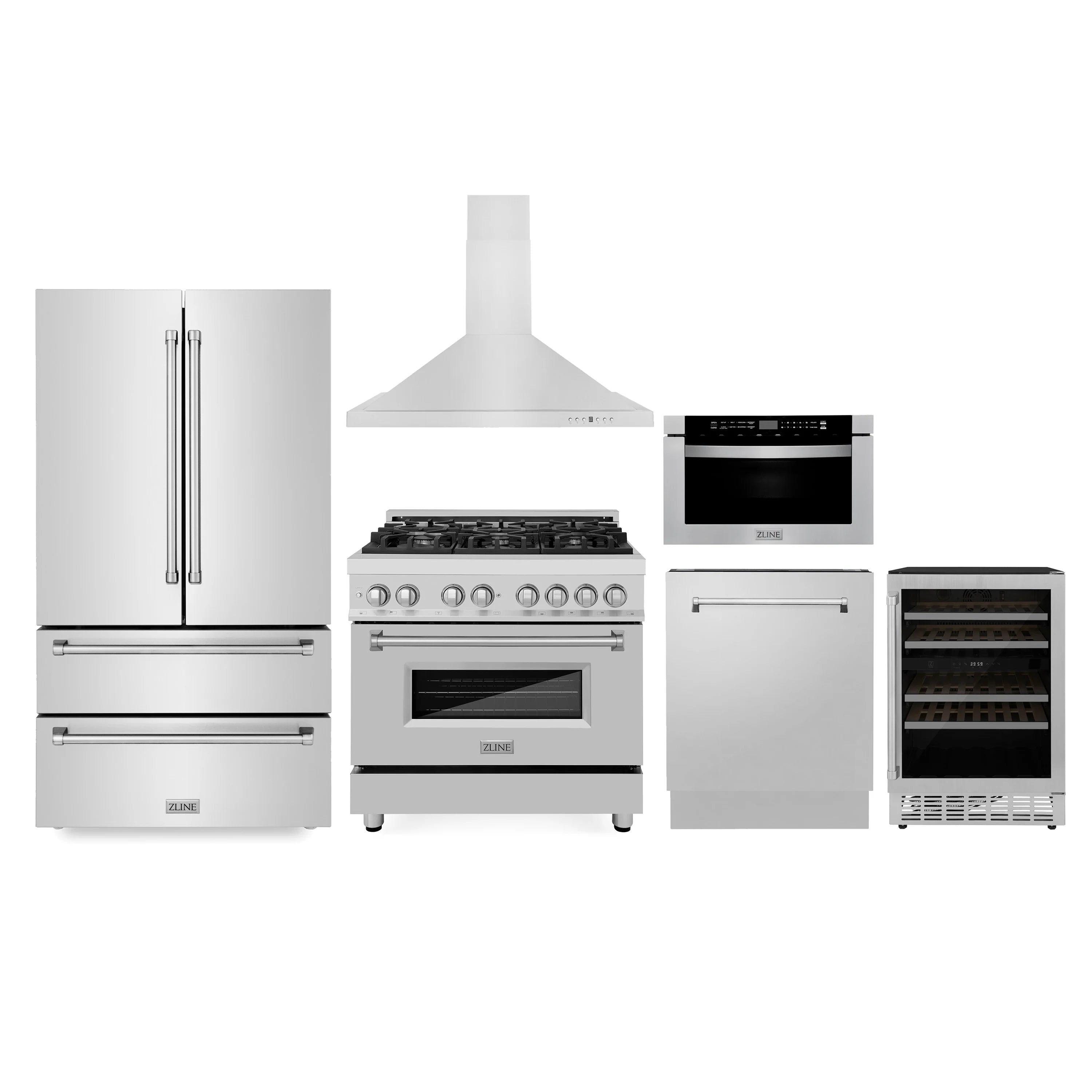 Kitchen appliance package with stainless dual fuel range, hood, microwave drawer, and refrigerator