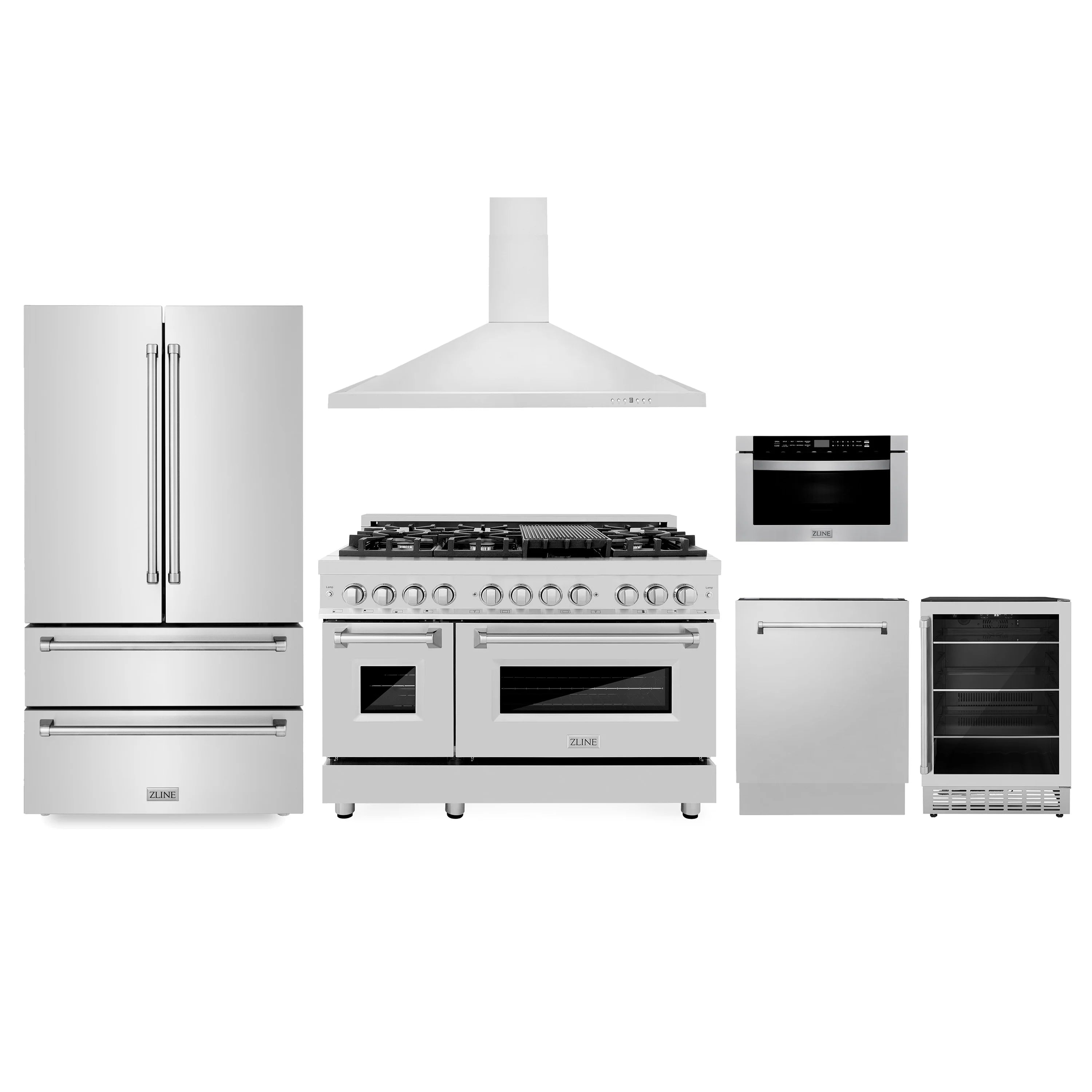 Stainless steel cooking set with range hood, dual fuel range, microwave drawer, and refrigerator