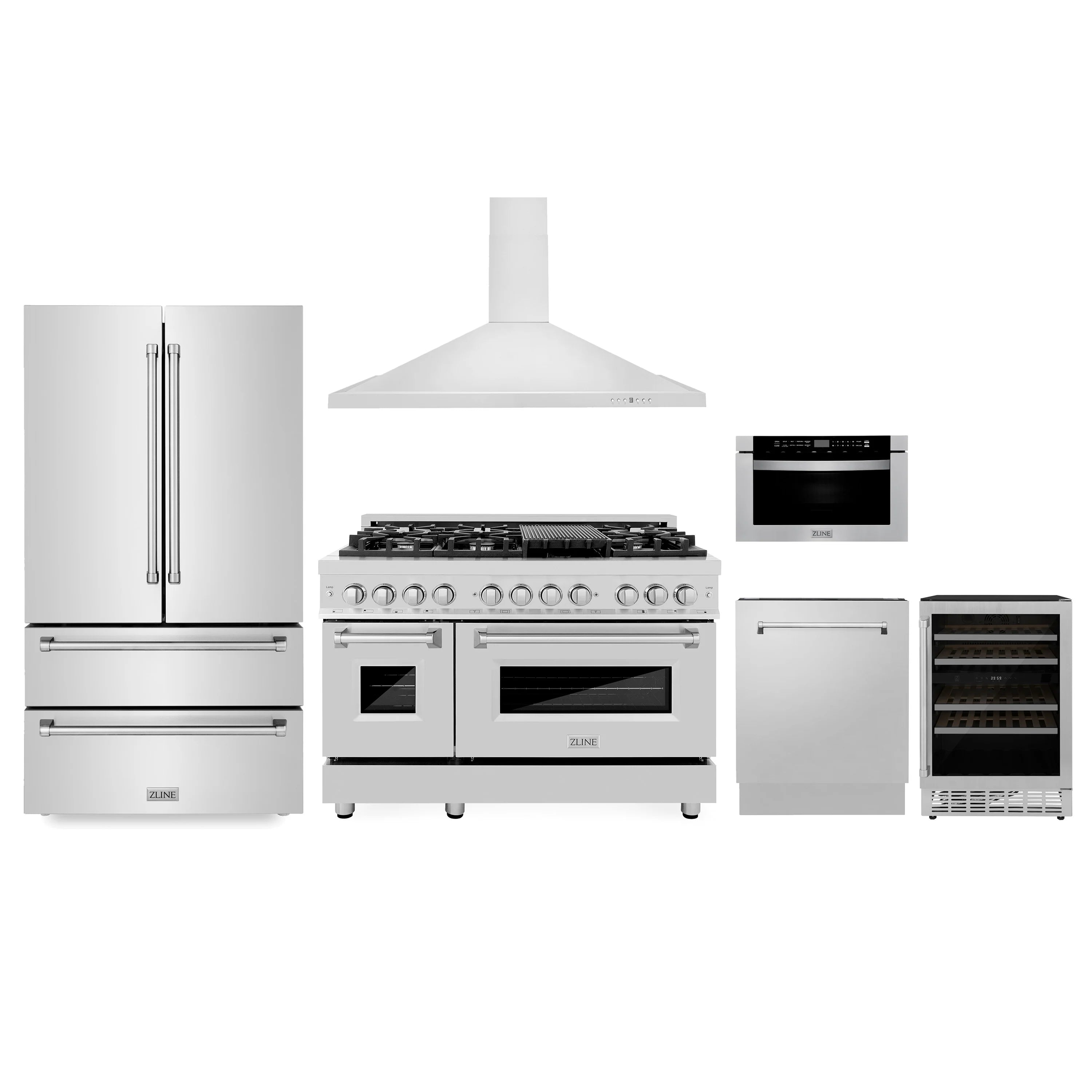 Stainless steel 48-inch dual fuel range with multiple burners and control knobs