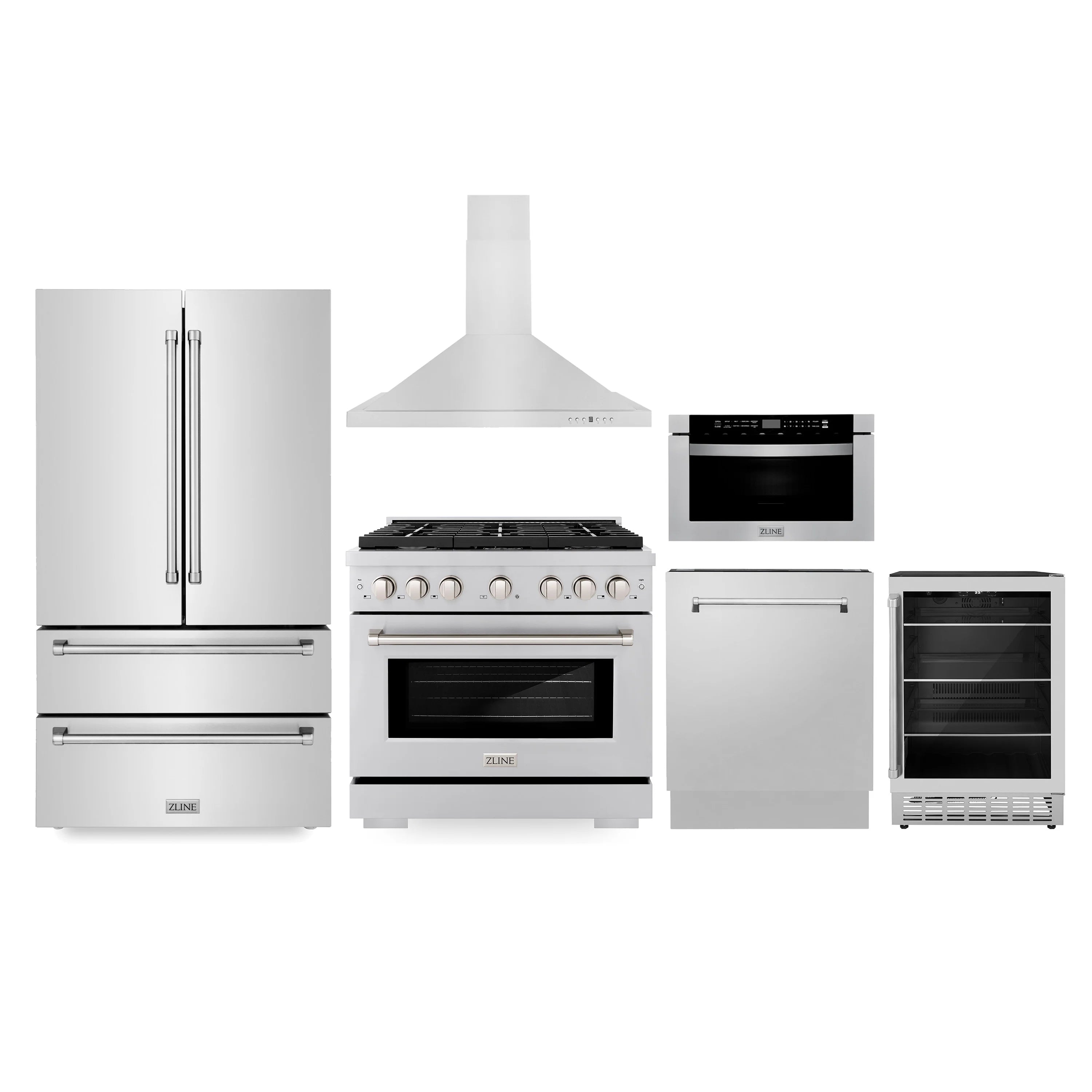 Stainless steel kitchen appliance package with range, hood, microwave drawer, fridge, dishwasher