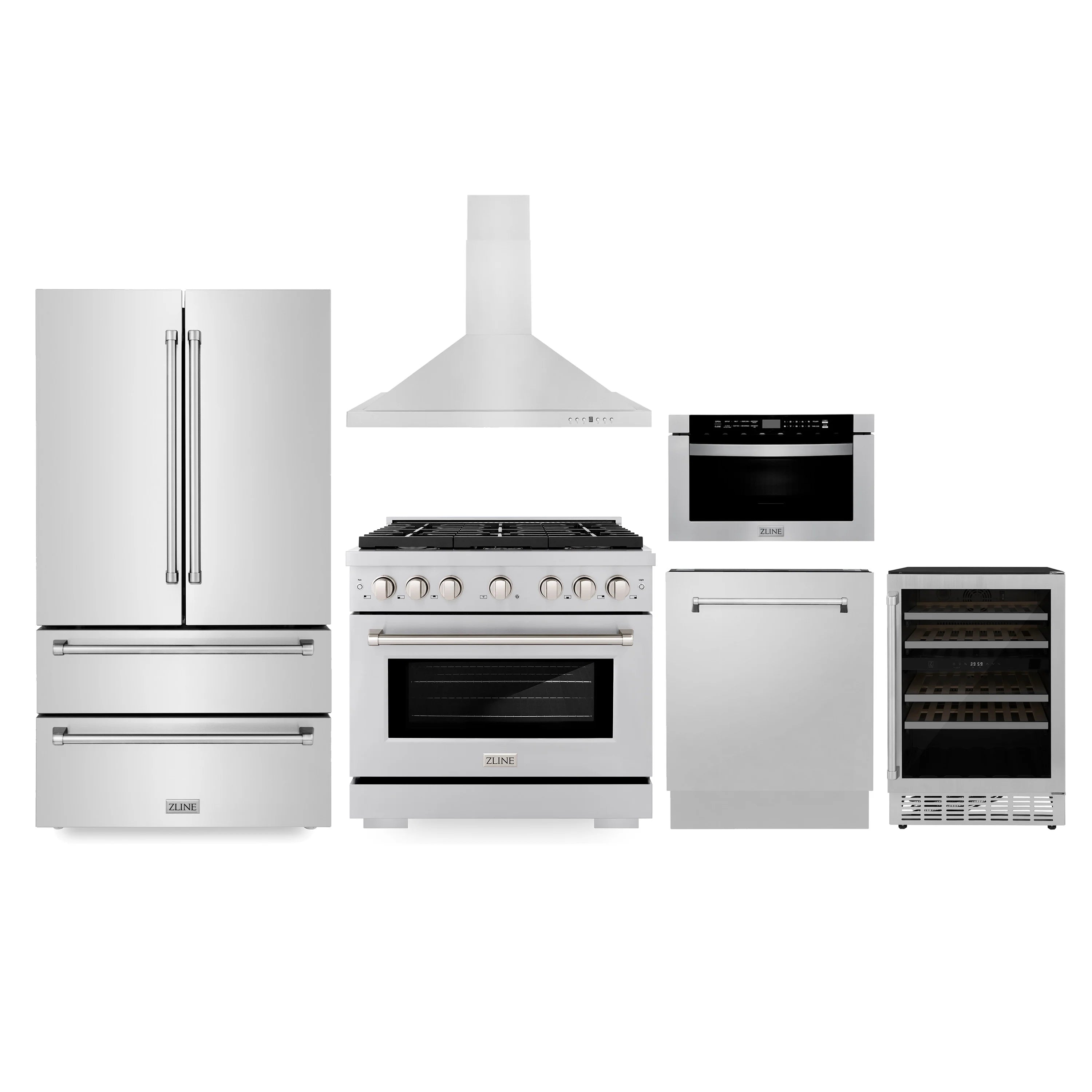 Stainless steel appliance package with gas range, hood, microwave drawer, dishwasher, wine cooler