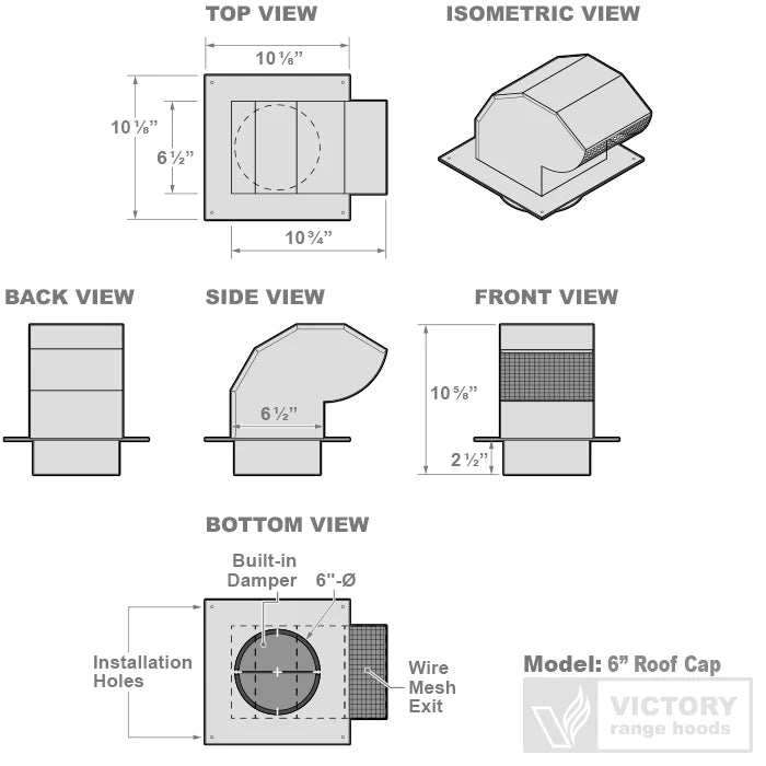 6" galvanized steel roof duct cap with built-in damper and wire-mesh outlet