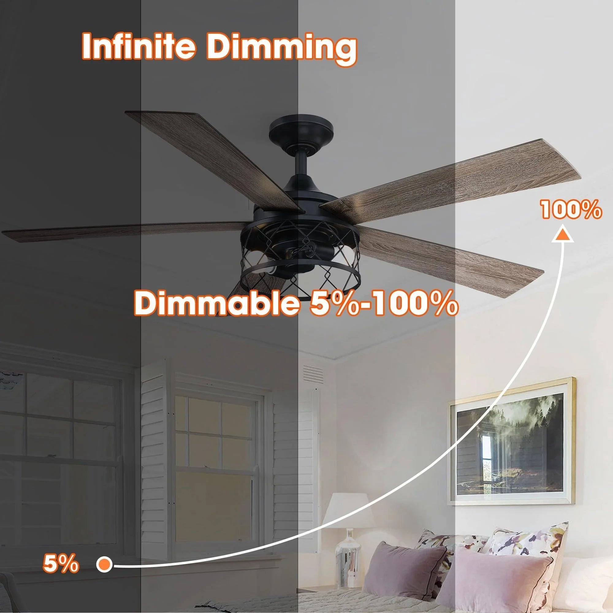 Black five-blade ceiling fan with reversible wood-tone blades and integrated light kit
