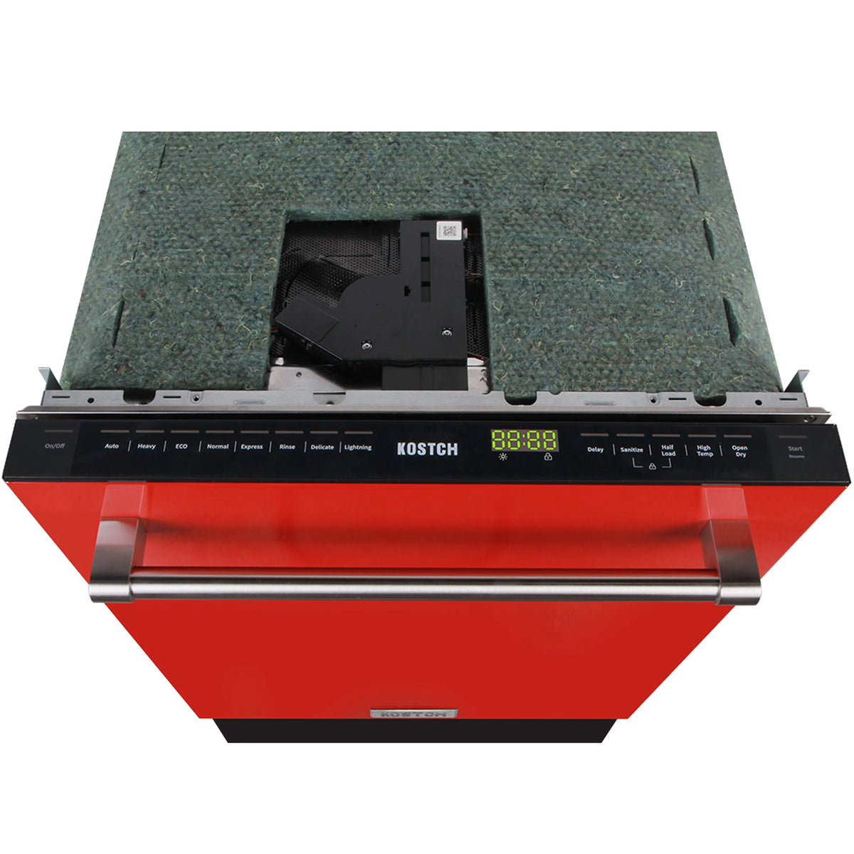 Top-open dishwasher control area with black panel and green sound insulation